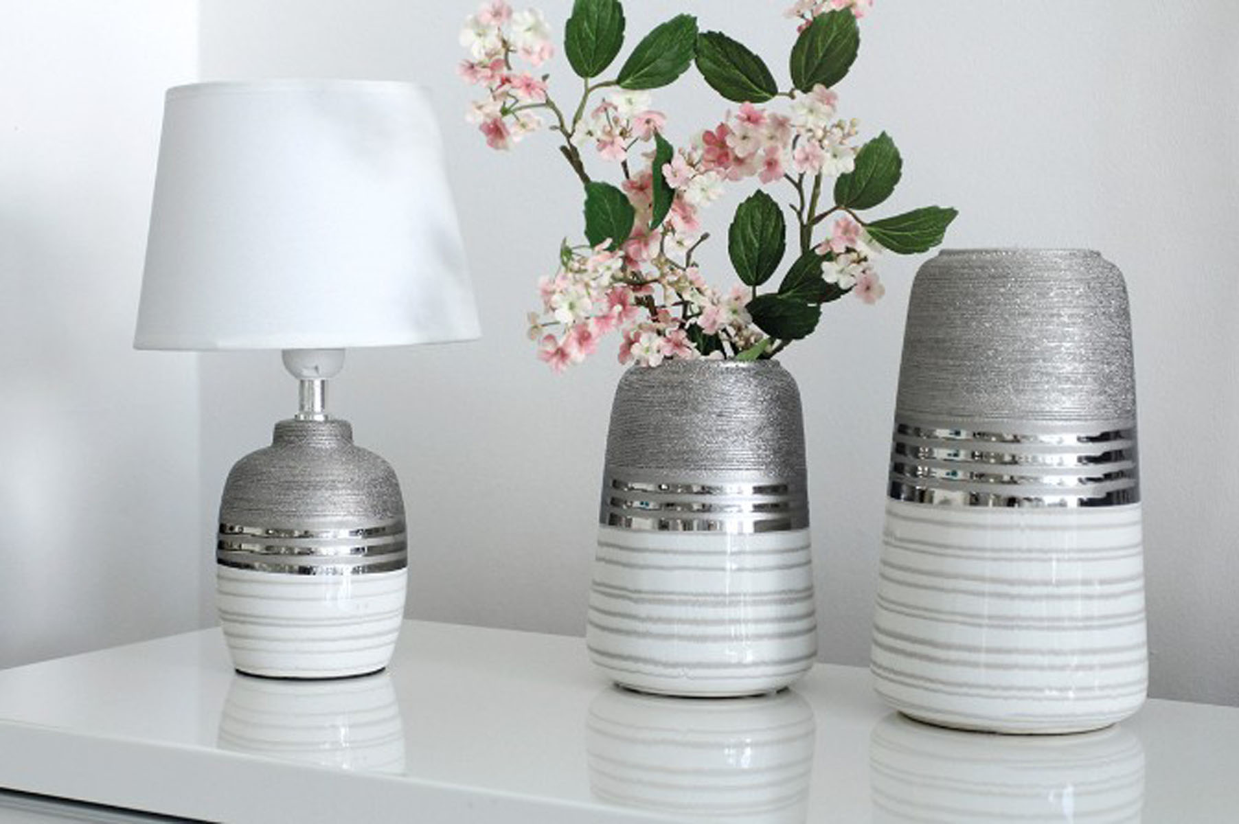 Tischleuchte "Lavena" Keramik grau-weiß gestreift 33x18x18 cm (HxBxT) 