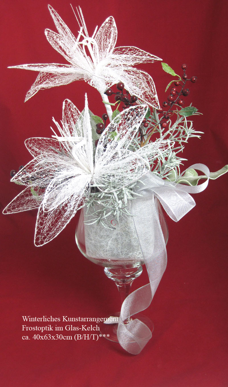 Winterliches Kunstarrangement Frostoptik im Glas-Kelch ca. 40x63x30cm (B/H/T)