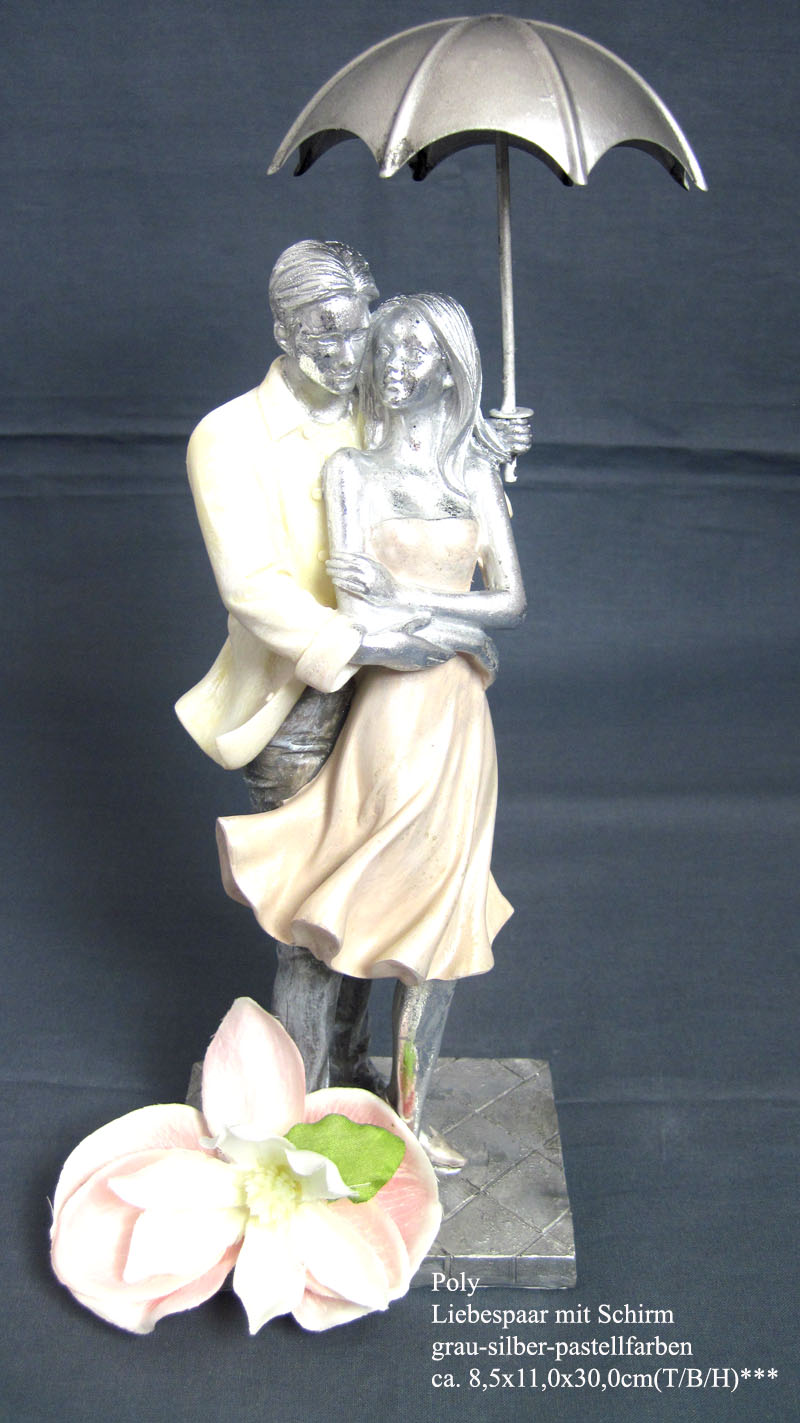Poly Liebespaar mit Schirm grau-silber-pastellfarben, ca. 8,5 x 11,0 x 30,0 cm