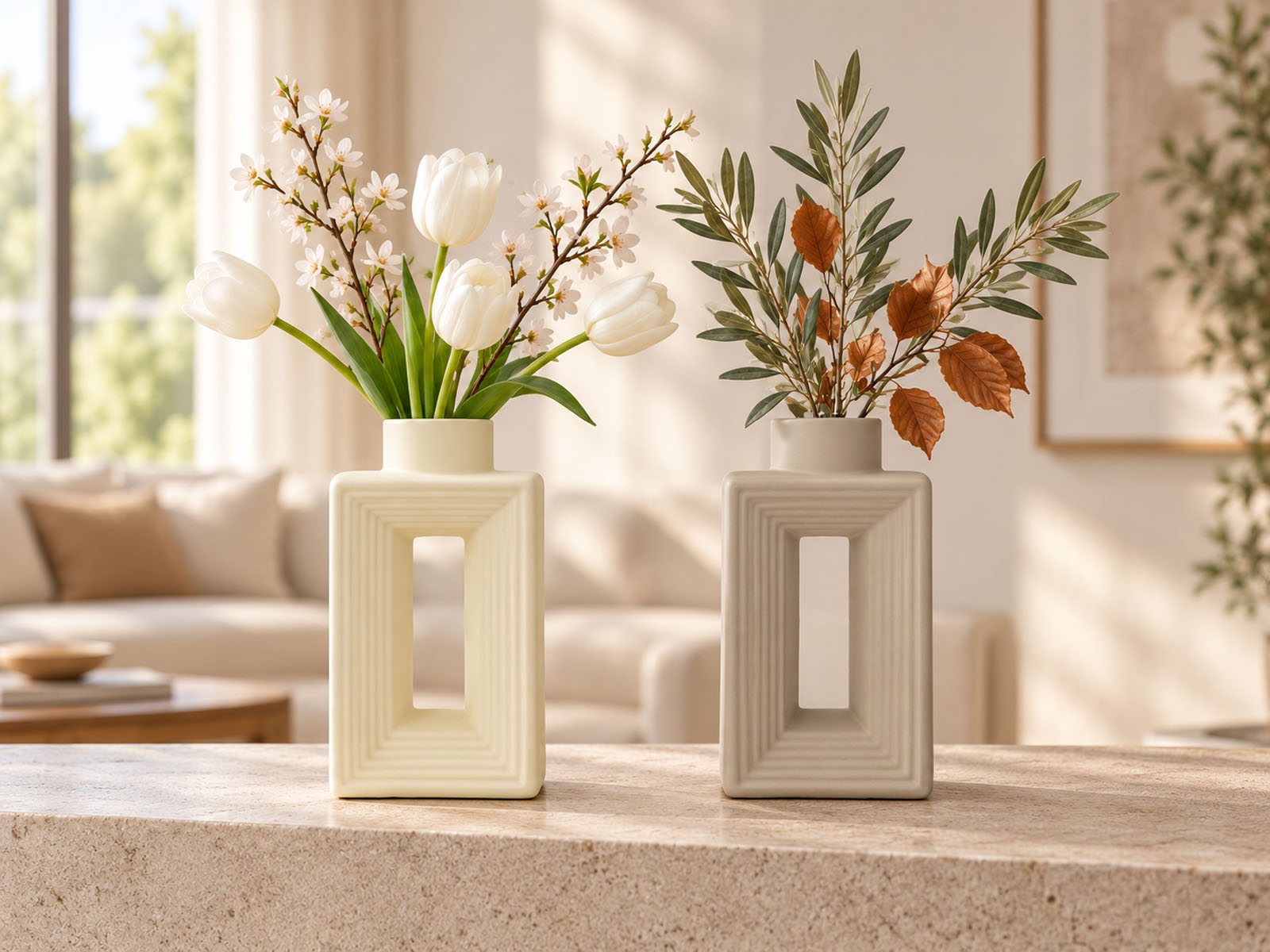 Moderne Deko-Vase 20 cm mit offener Mitte – Vanilla