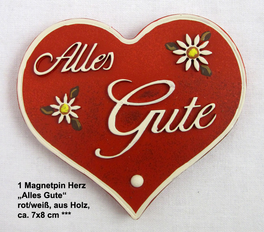 1 Magnetpin Herz Alles Gute, rot/weiß, aus Holz, ca. 7x8 cm