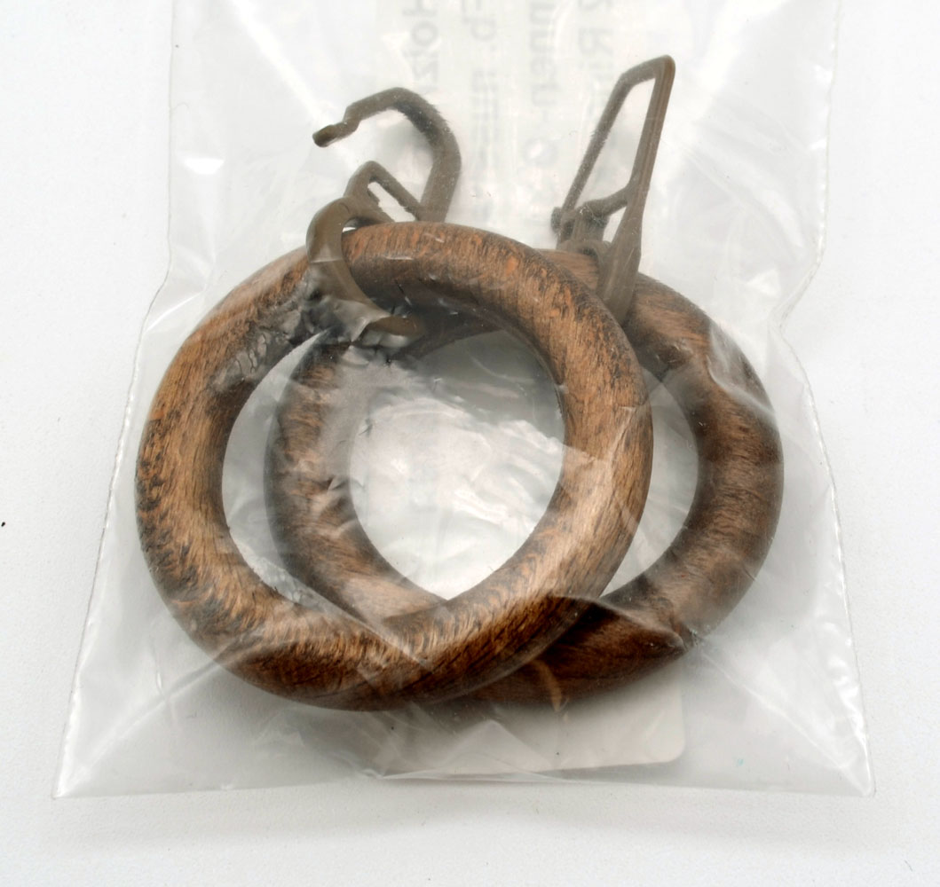 2 Stück Holz-Ring mit Faltenhaken für Stangen mit Ø 28mm Nussbaum