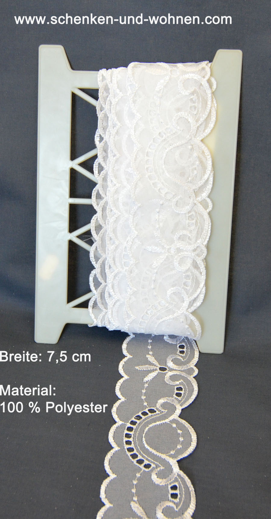 Borte Bordüre Spitze zum An- oder Aufnähen 7,5 cm weiß Raffband