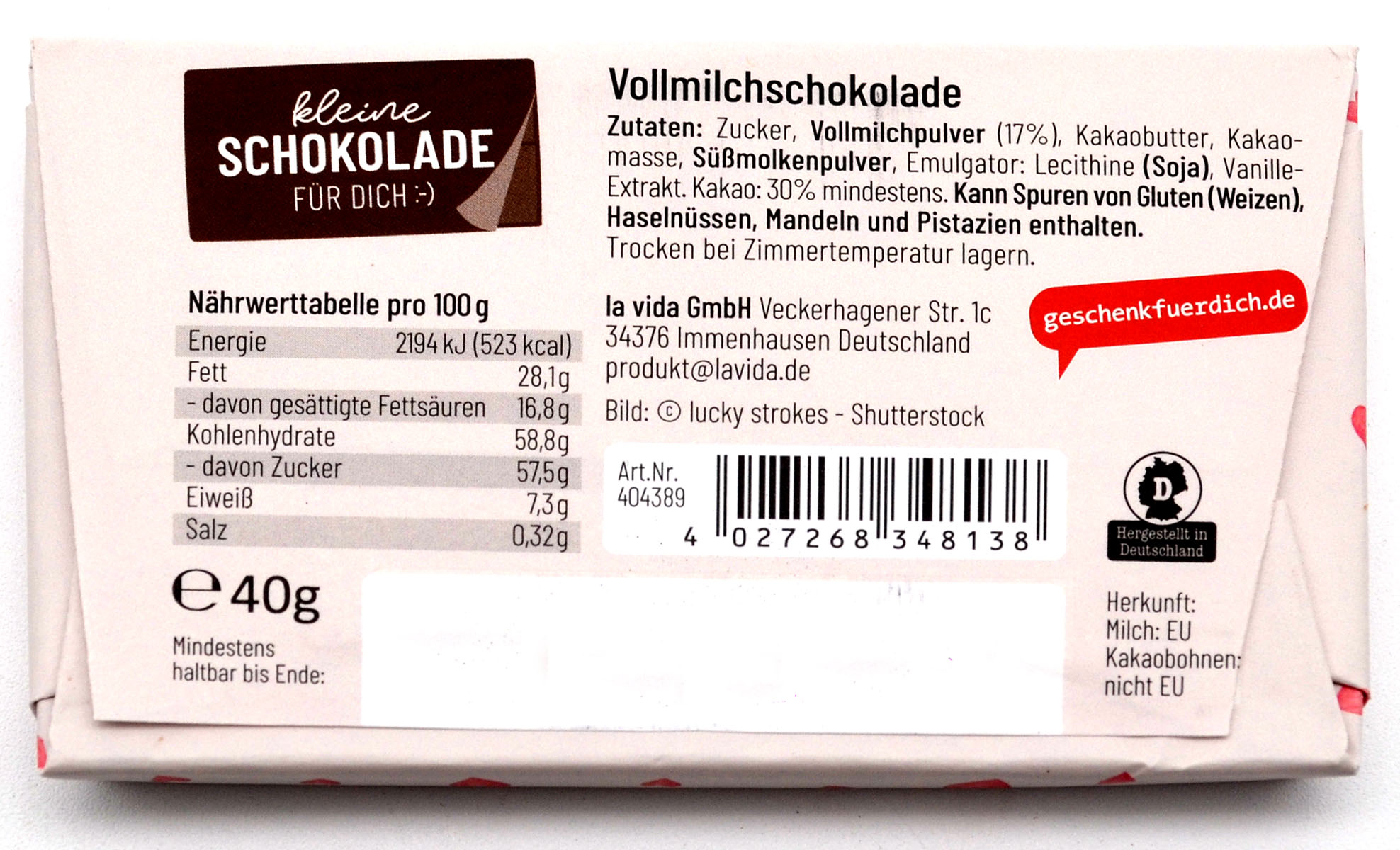 Schokolade 40 g mit Aufschrift "glücklich sein" 9,5x5,5 cm (LxB)  