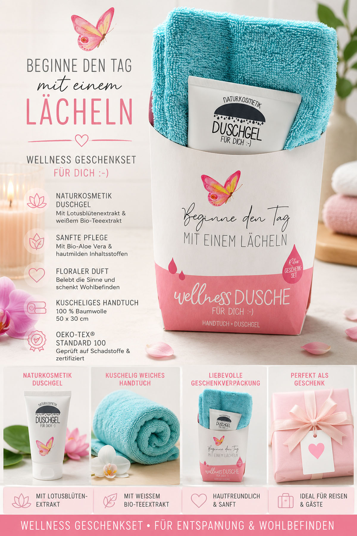 Wellness-Dusche für Dich Handtuch und Duschgel Lächeln