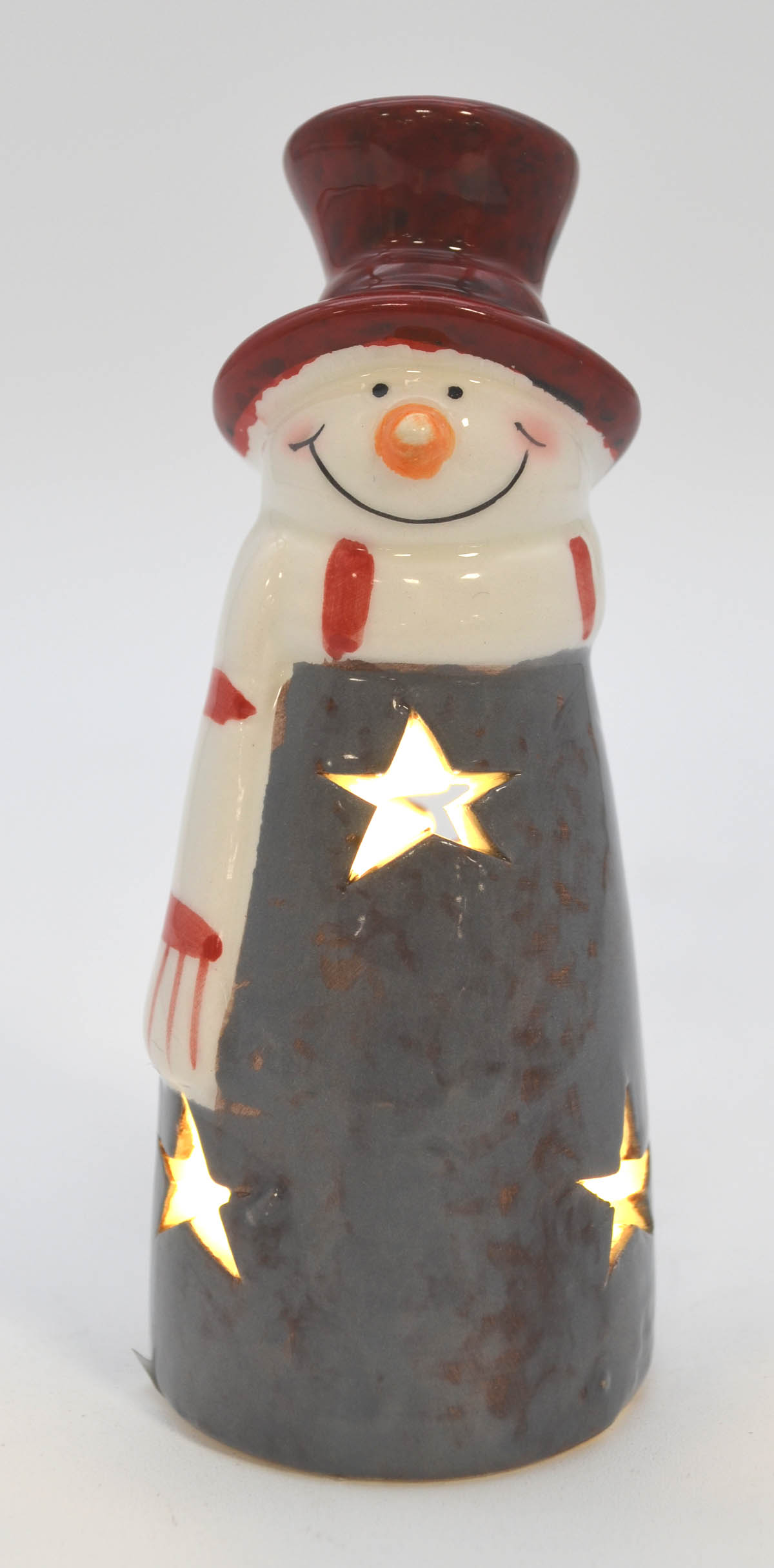 Keramik-Schneemann mit LED und Timer Höhe 12 cm, Breite 5,2 cm, Tiefe 4,7 cm