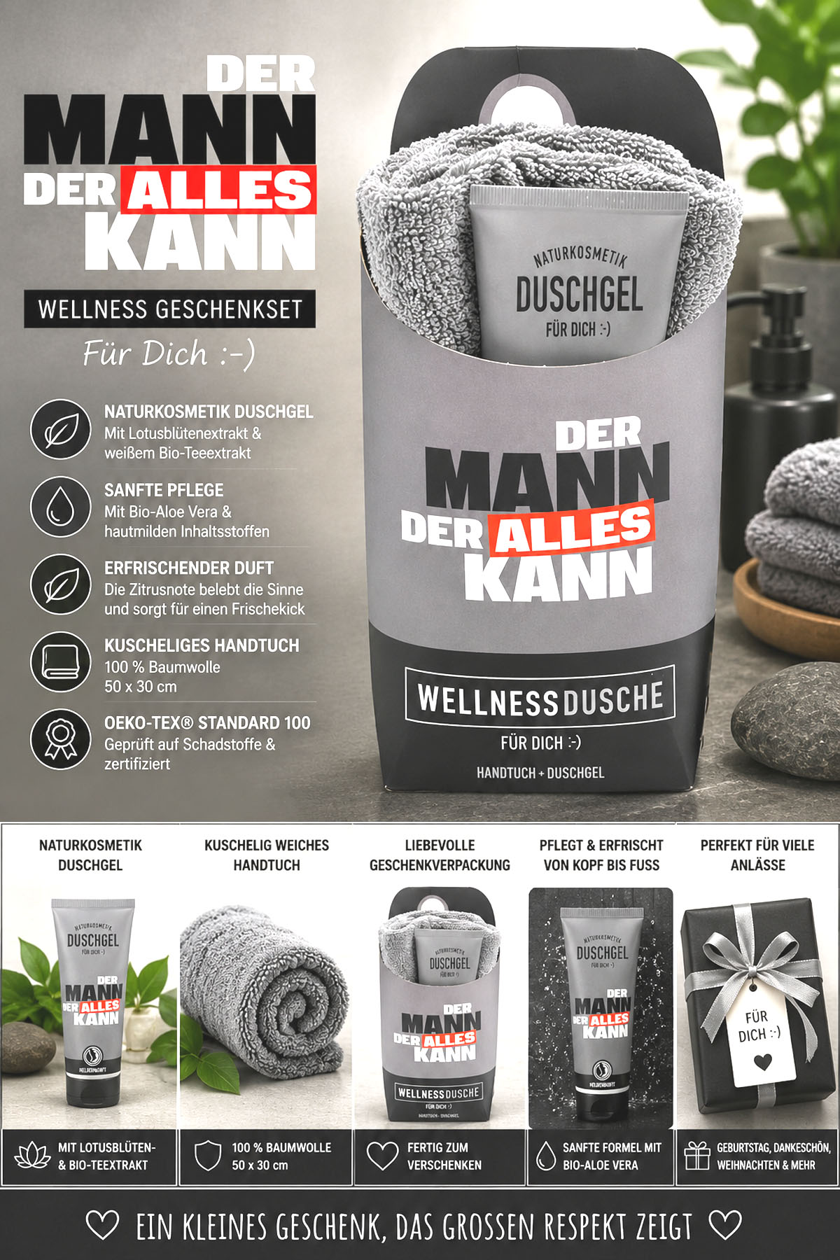 Wellness-Dusche für Dich Handtuch und Duschgel Spruch Mann