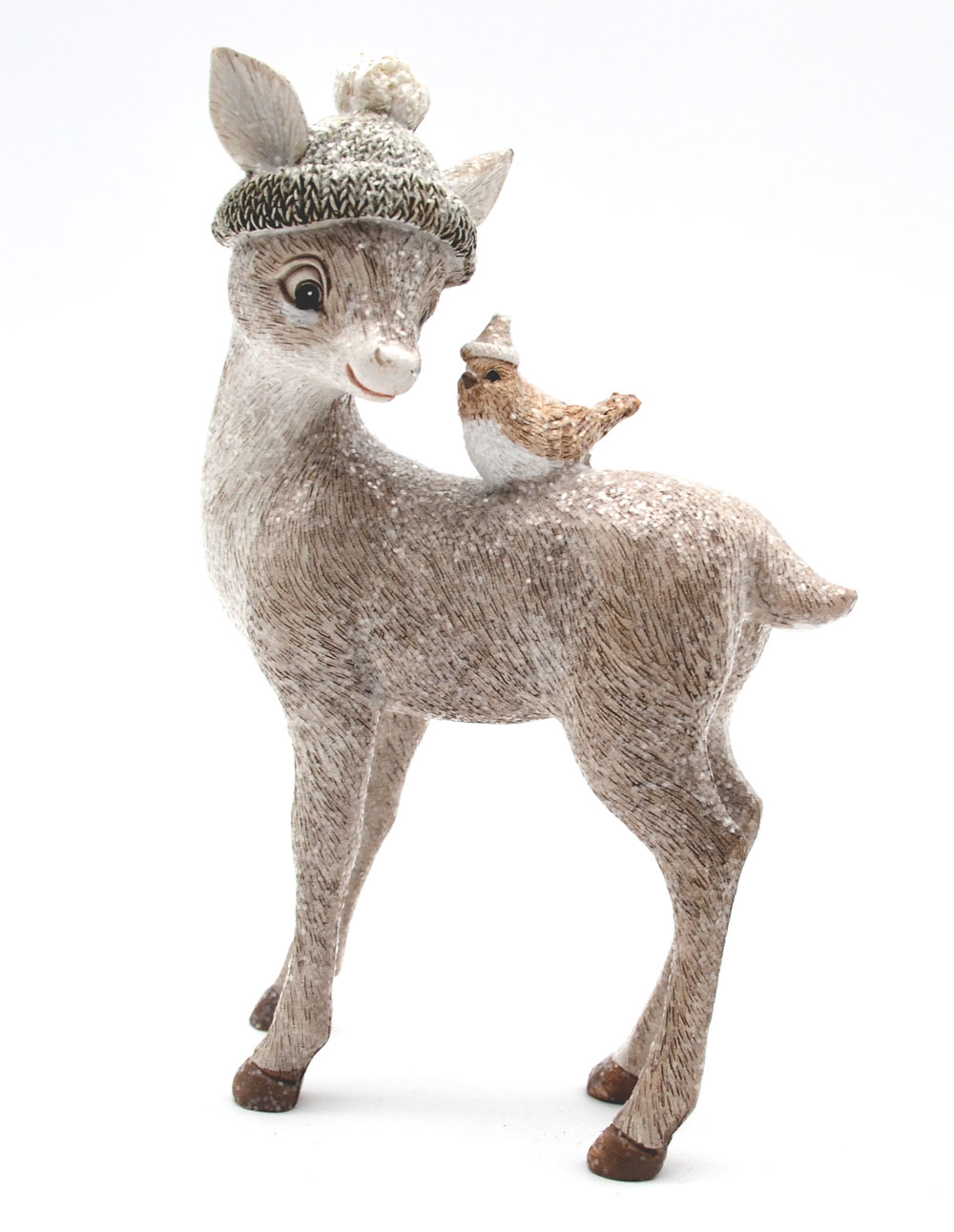 Reh mit Mütze stehend links schauend Winterzeit 15x10x4 cm (HxLxB)