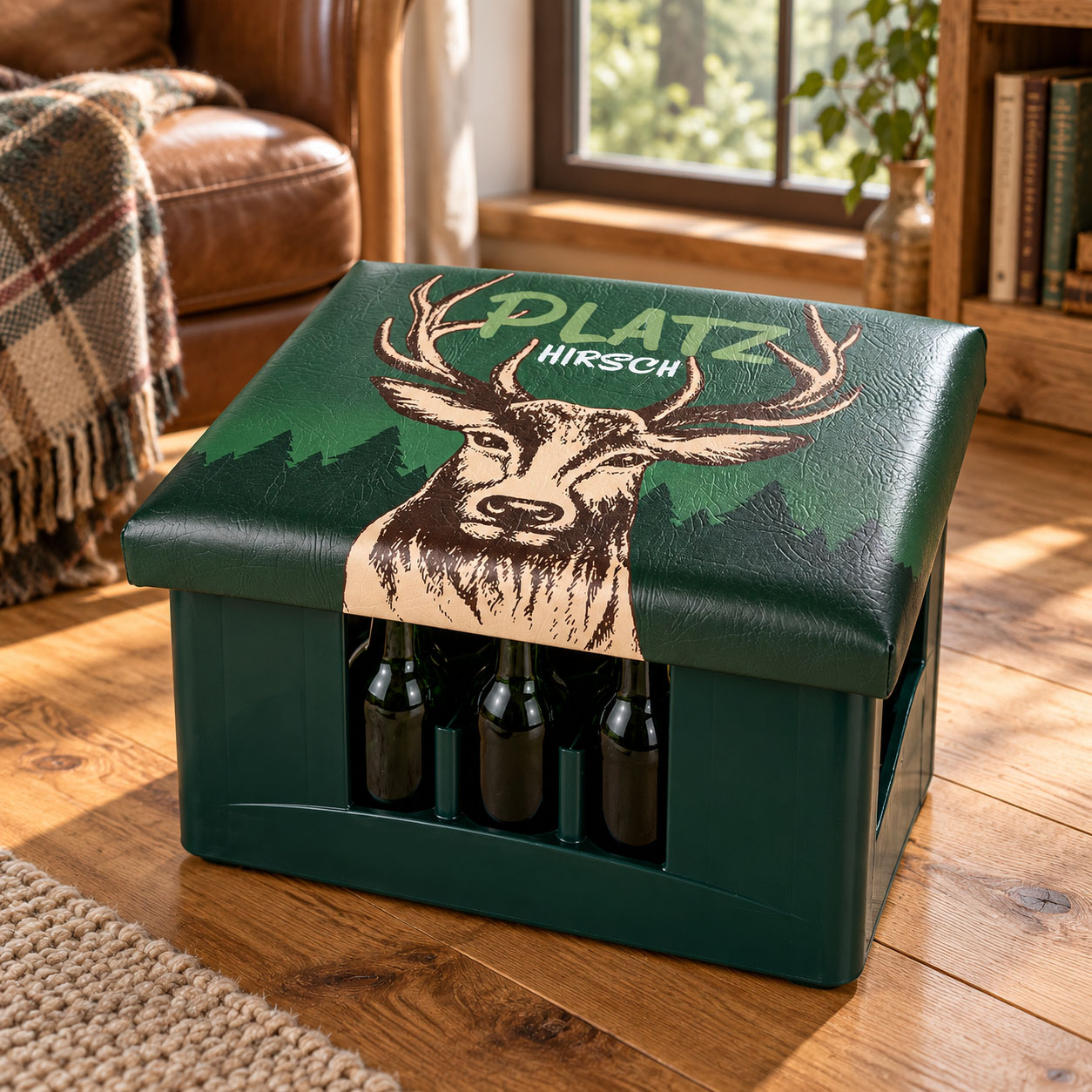Sitzpolster „Waidmannsheil – Platzhirsch“ für Bierkisten, Hirschmotiv, 44 × 34 × 5 cm