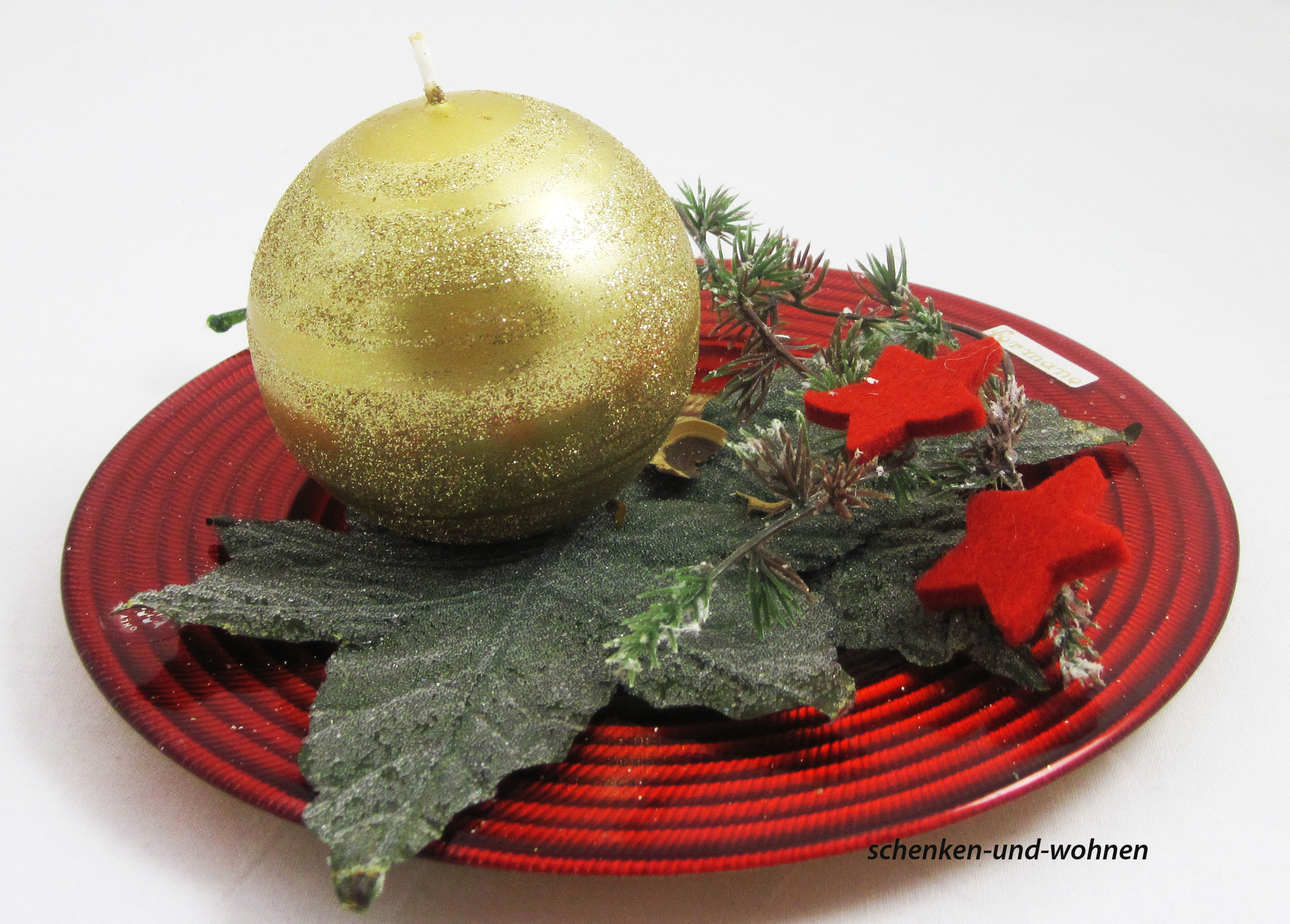 Geschenkset "Glasteller" mit 1 Kerze weihnachtlich dekoriert