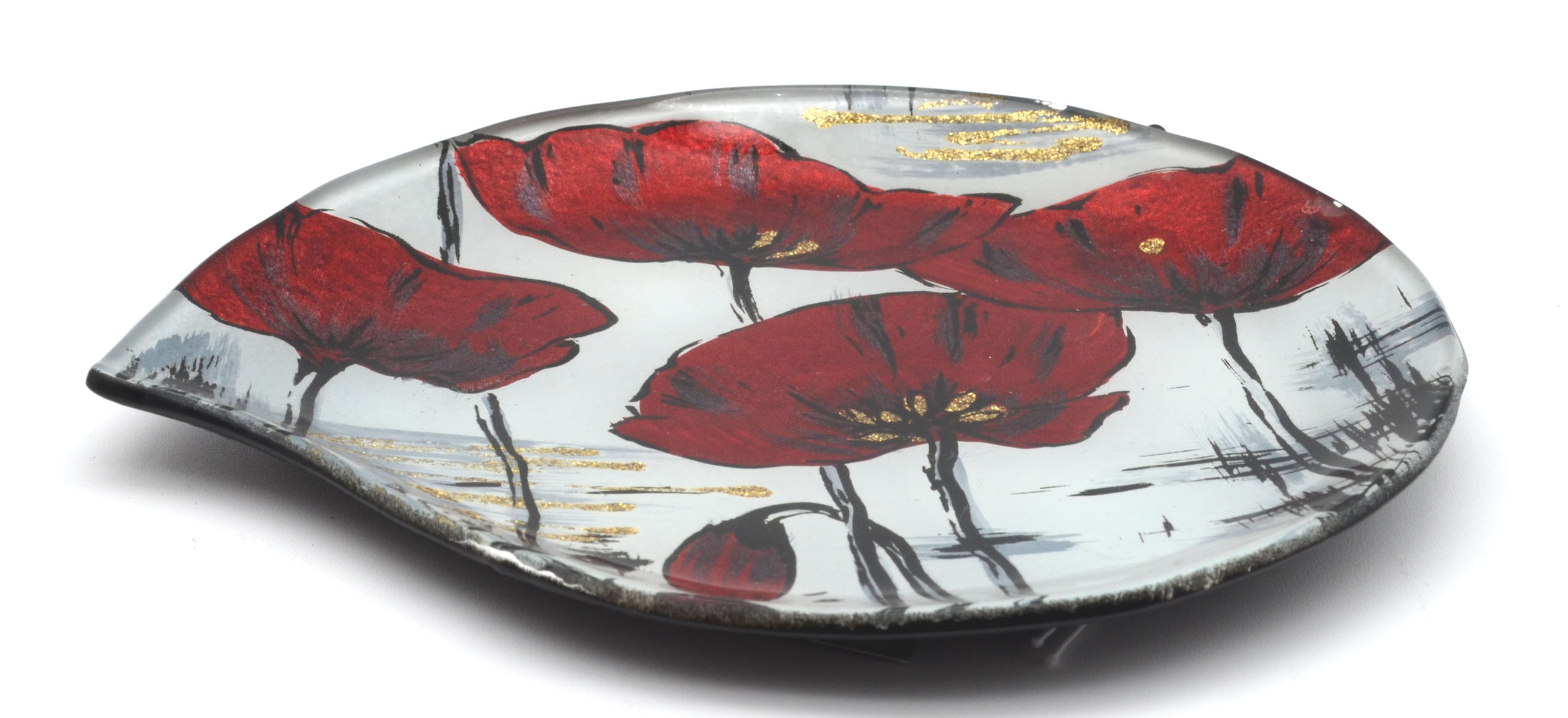 Dekorative Glasplatte Mohnblumen rund Ø 19 cm – Rot-Gold
