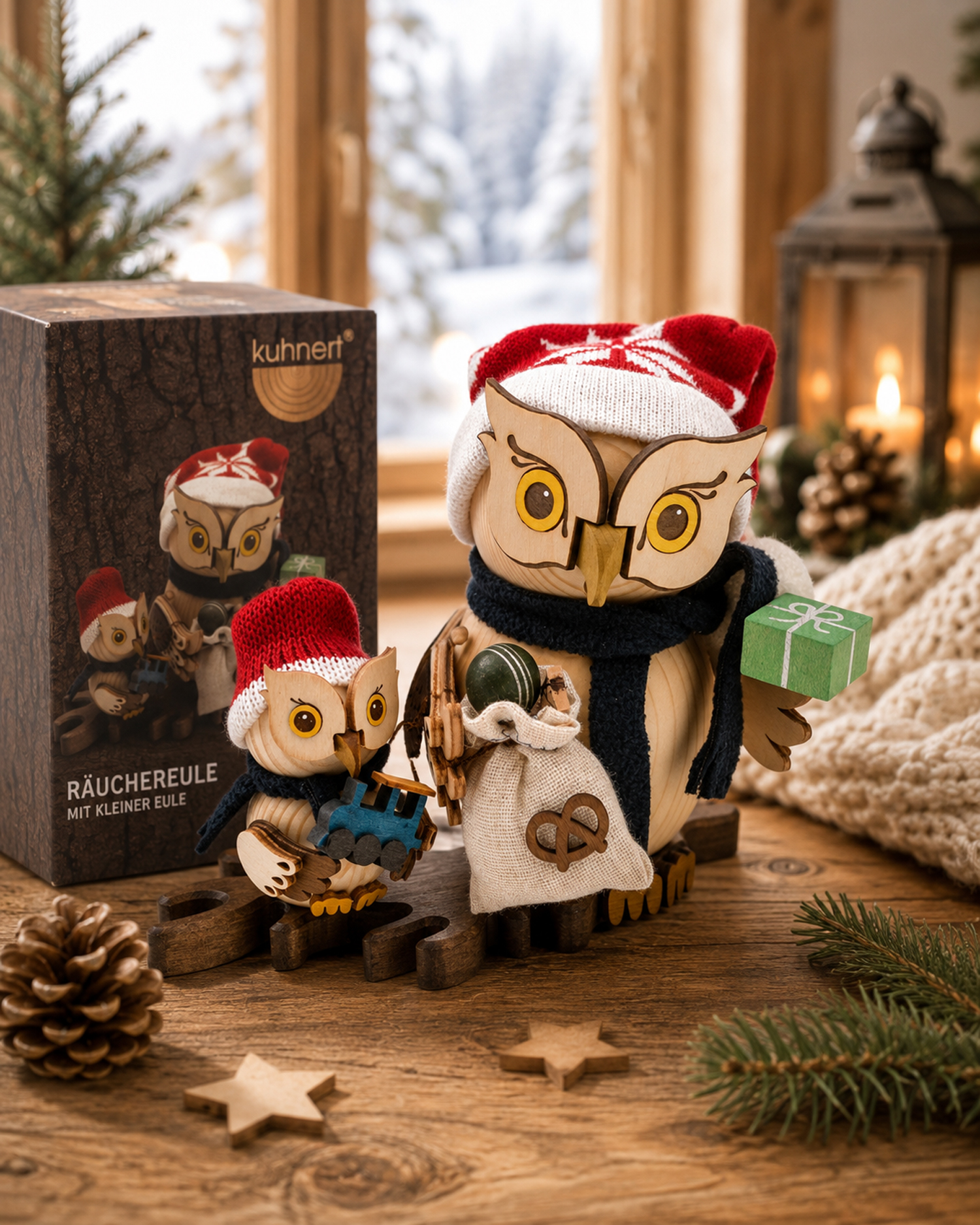 Eule Weihnachtsmann mit Kind Rauchfigur ca. 18 cm - Neuheit 2025