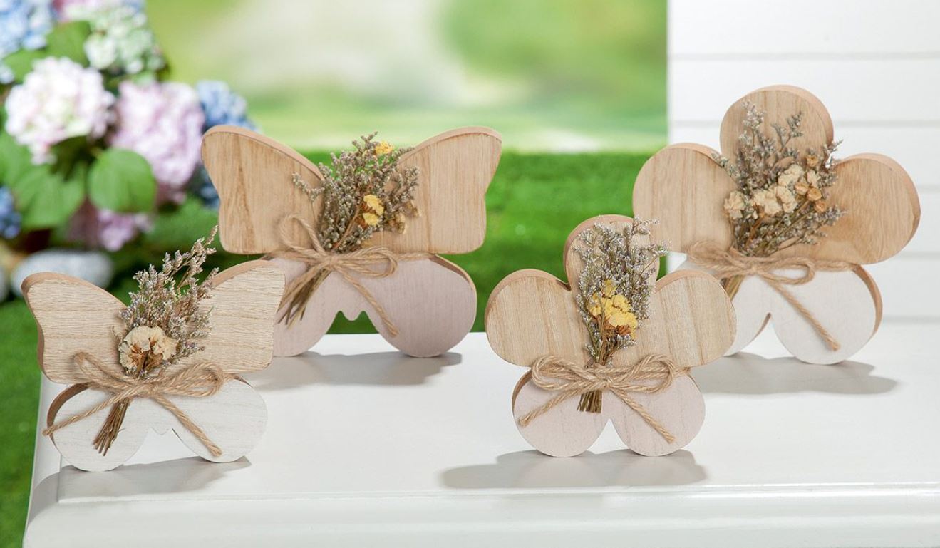 MDF-Schmetterling mit Trockenblumen natur/weiss/rosé 14x11x2 (BxHxT)