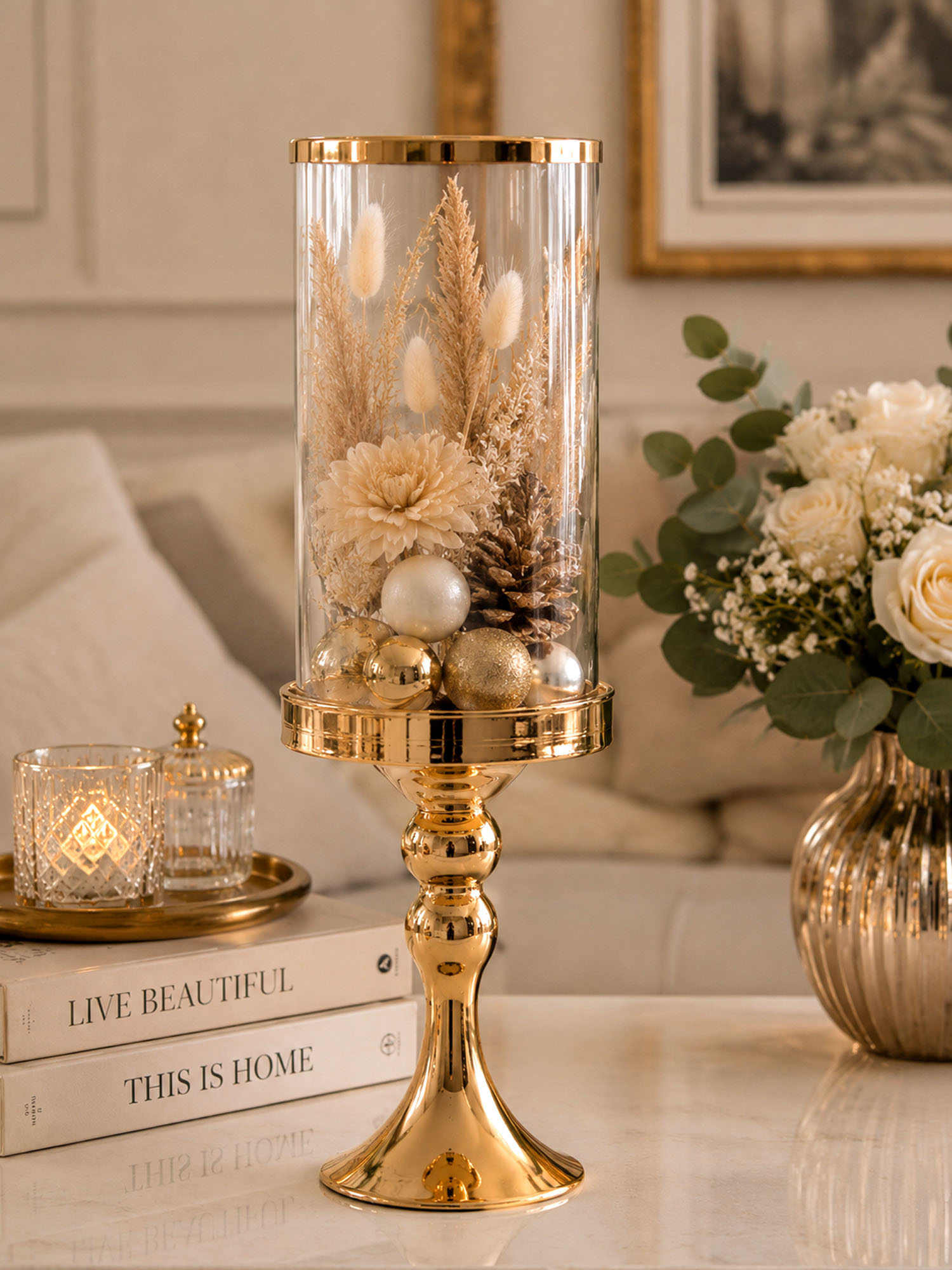 Metall Windlicht mit Glas gold für Stumpe und Spitzkerze ca.36,5x11x11cm H/B/T