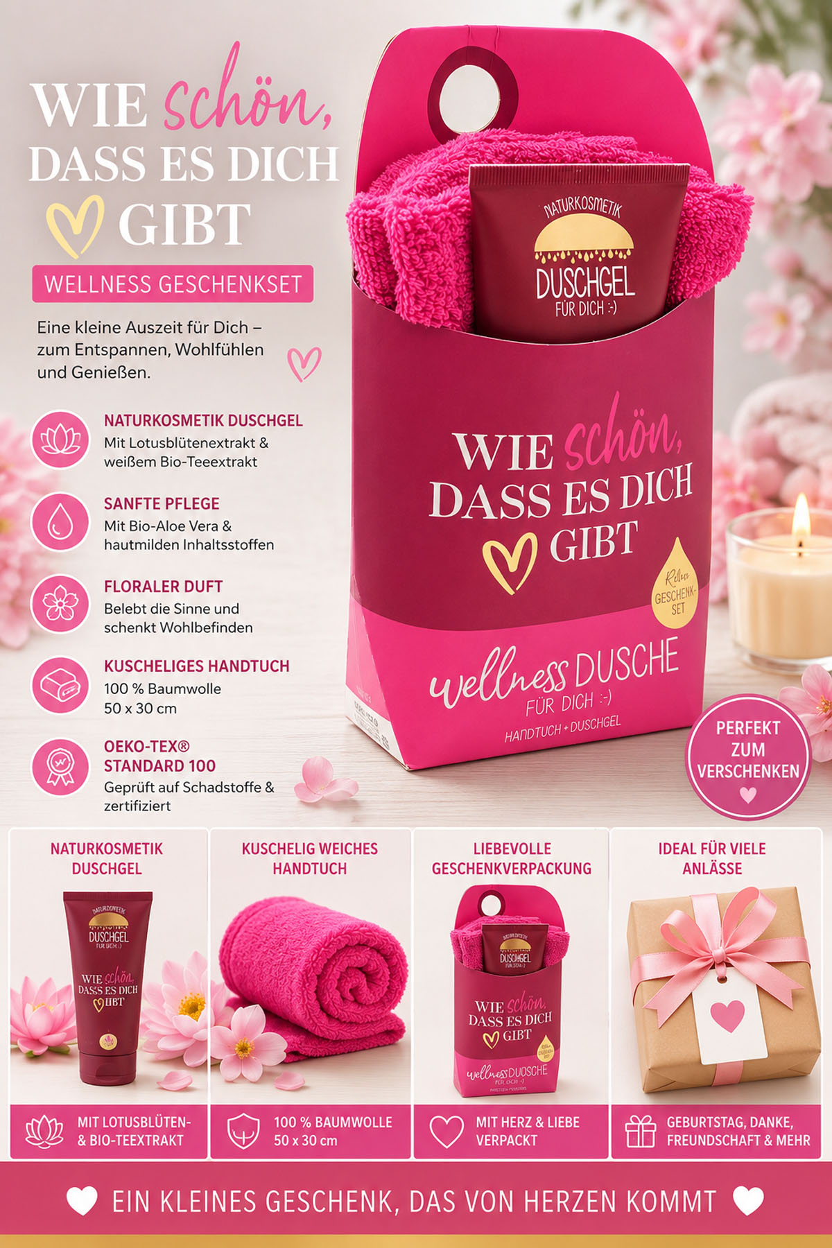 Wellness-Dusche für Dich Handtuch und Duschgel Spruch mit Herz