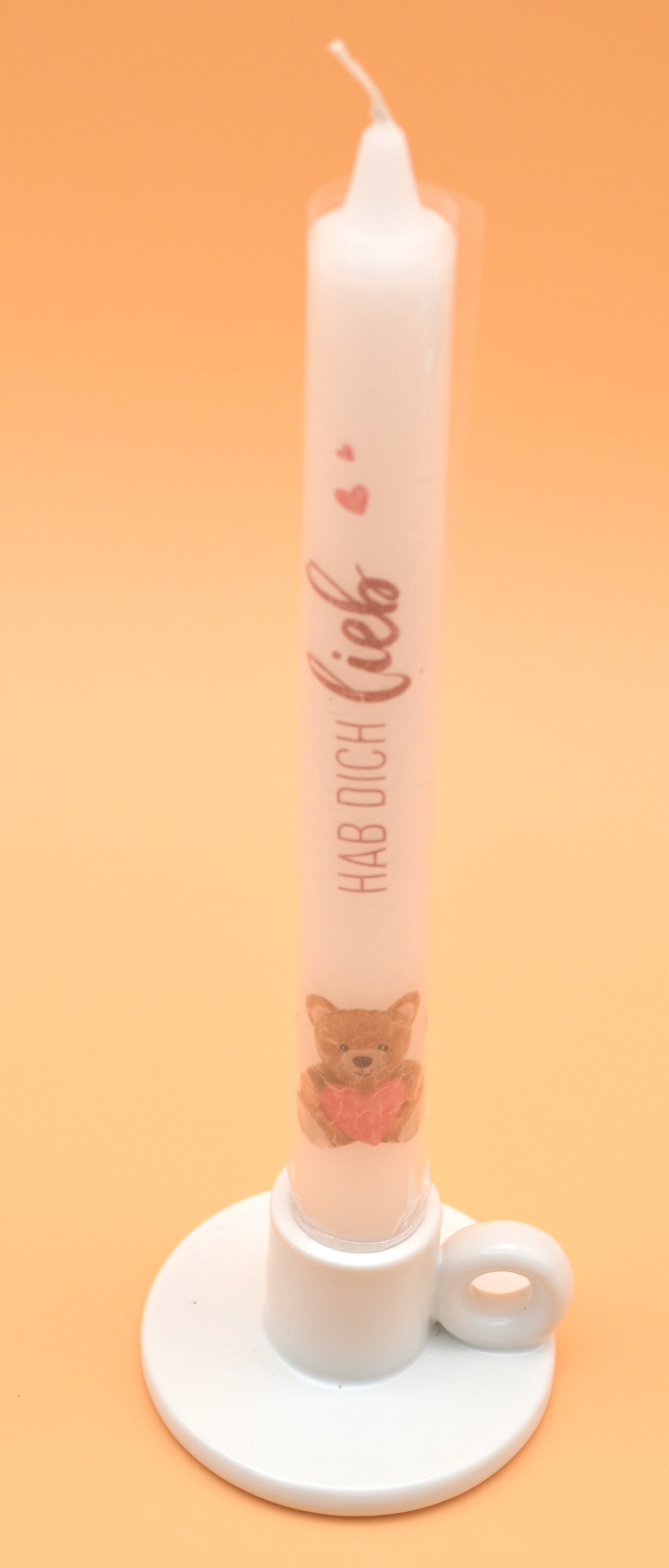 Kerze mit Kerzenhalter "Hab Dich lieb" Höhe 23 cm