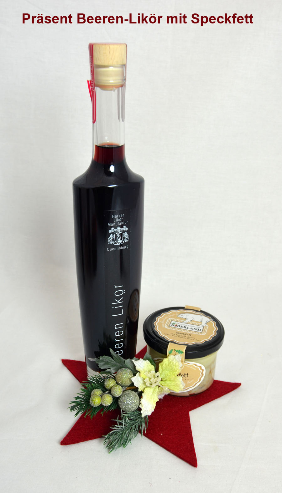 Weihnachtsgeschenk fertig verpackt Beeren-Likör mit Speckfett