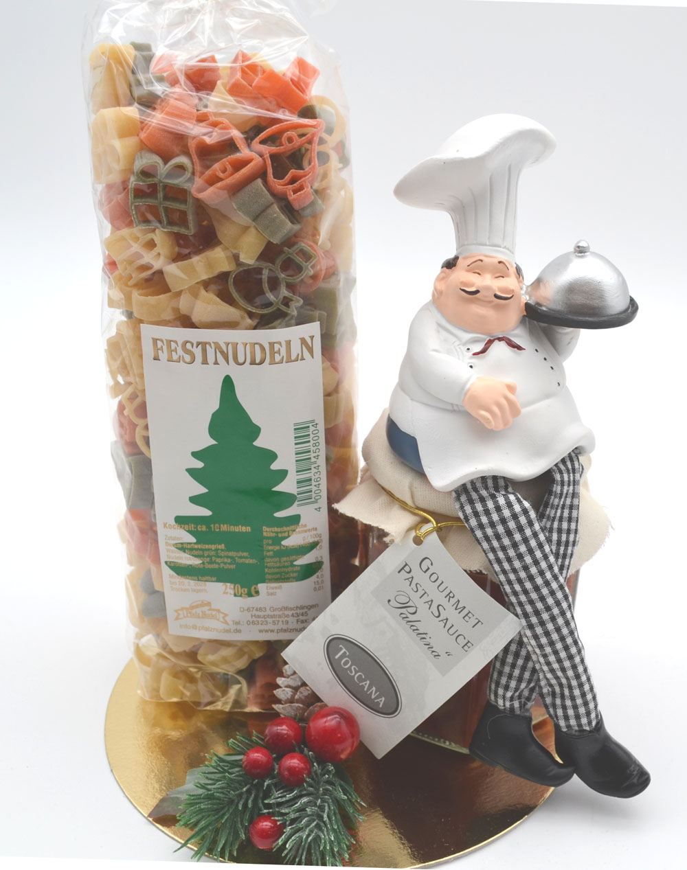 Festnudeln Präsent mit Gourmet-Soße und Kantensitzer Sternekoch