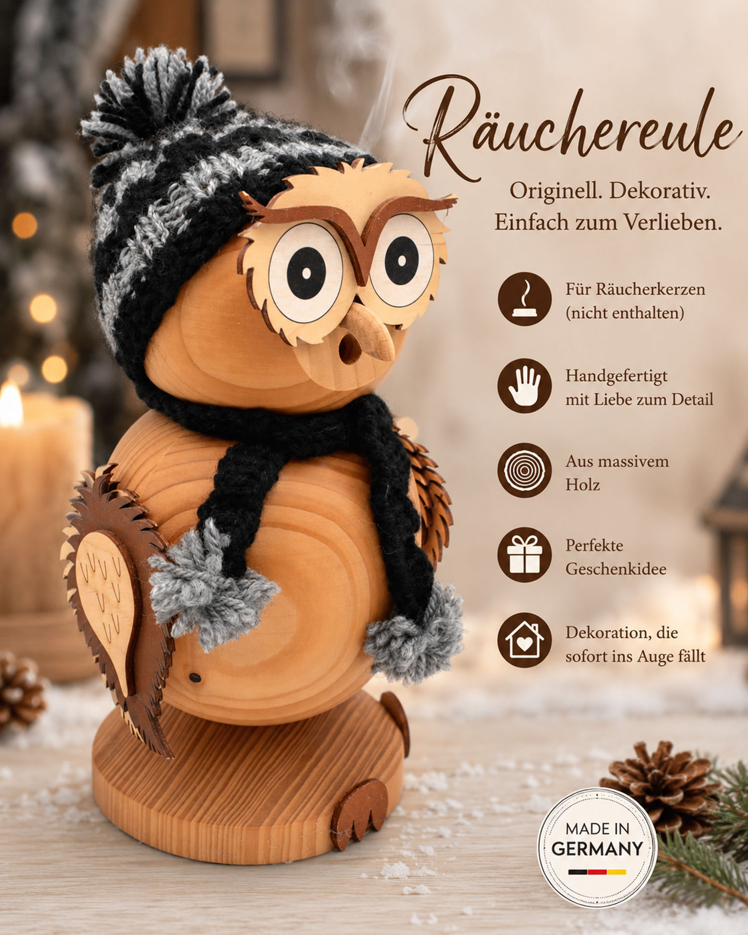 Räuchereule aus Holz 24 cm mit Strickmütze – Handarbeit aus Deutschland