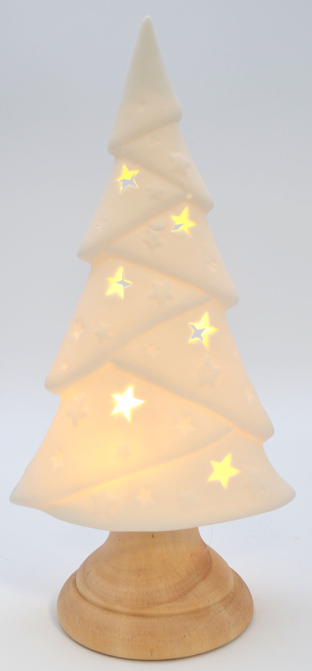 Baum mit LED Porzellan mit Holzfuß und Timer 27,5x13,5x9,5 cm (HxBxT)