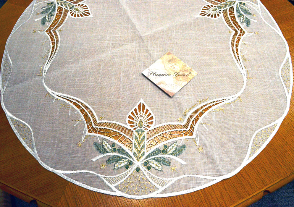 Plauener Spitze Deckchen "Kerzenschein" 60 cm rund ecrú Gold Grün
