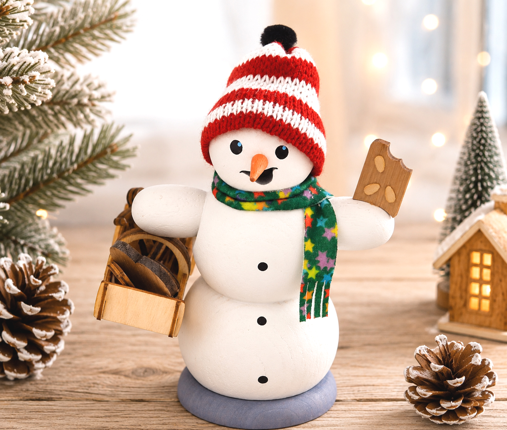 Rauchfigur Schneemann mit Lebkuchenkorb Holz bunt ca.13 cm