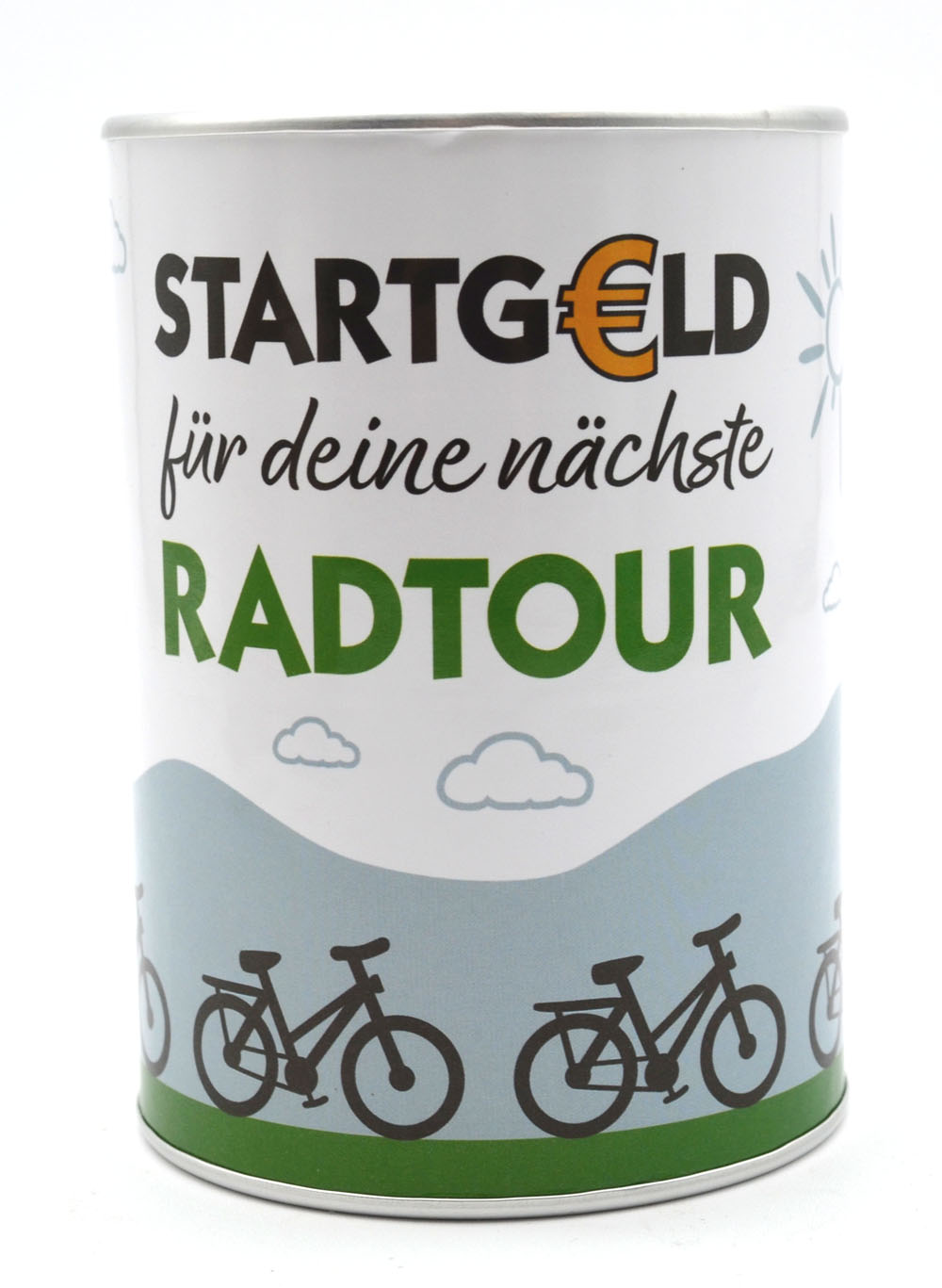 Metall-Spardose "Startgeld Radtour" bunt ca. 8,5x8,5x12 cm (T/B/H) 
