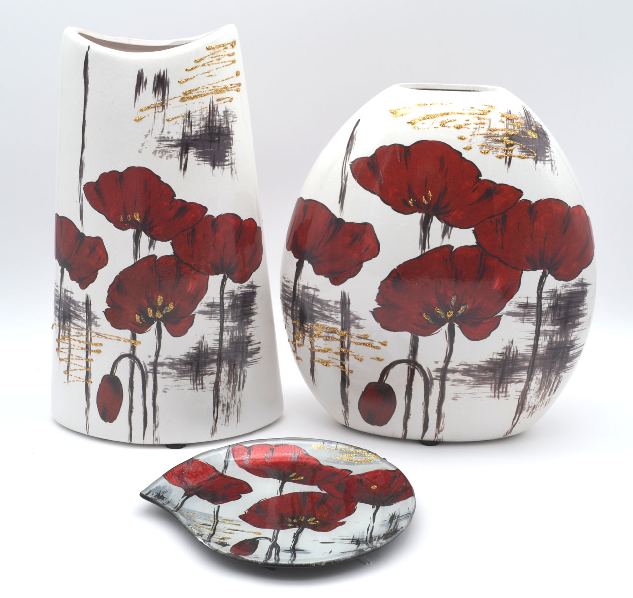 Keramik-Vase Mohnblumen 24 cm – bauchig, Weiß-Rot-Gold