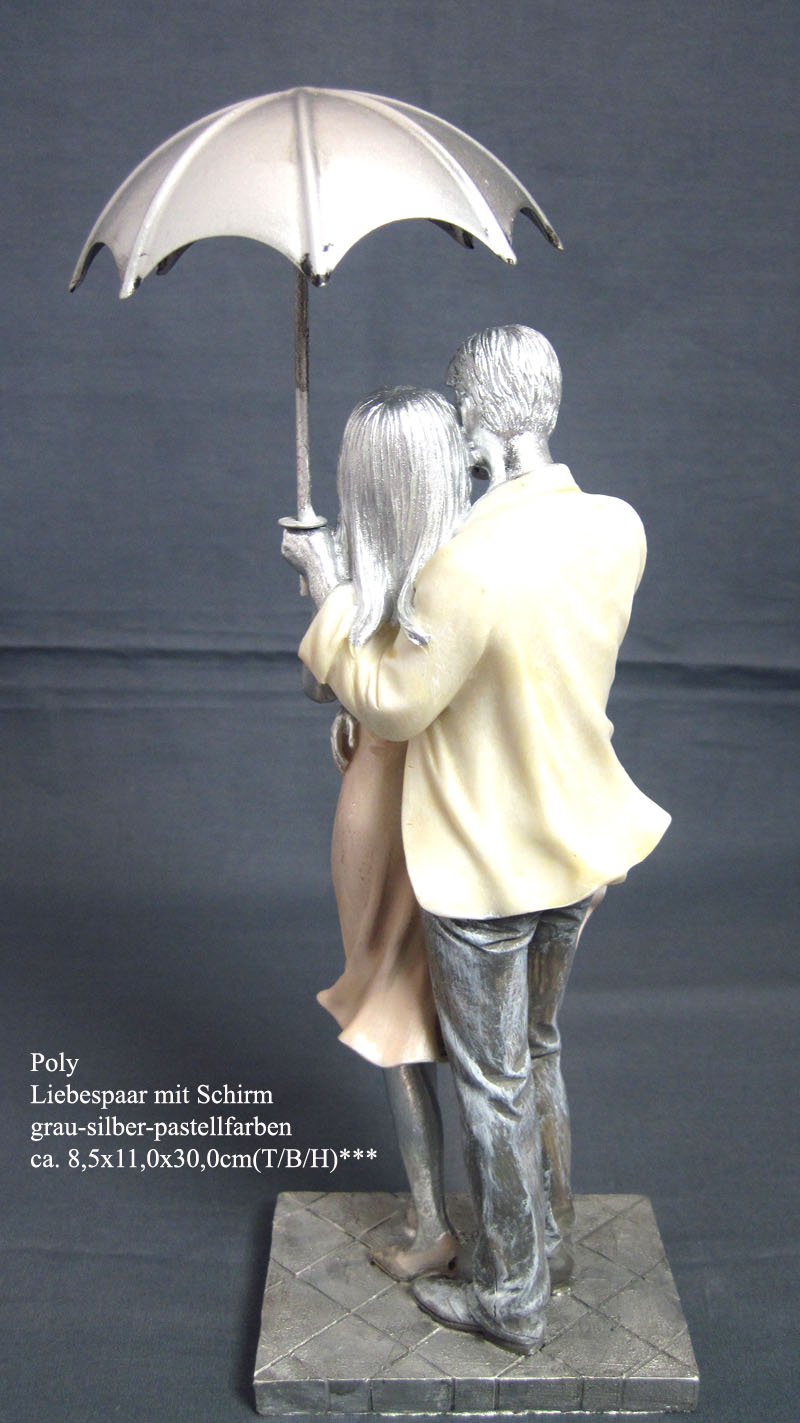Poly Liebespaar mit Schirm grau-silber-pastellfarben, ca. 8,5 x 11,0 x 30,0 cm