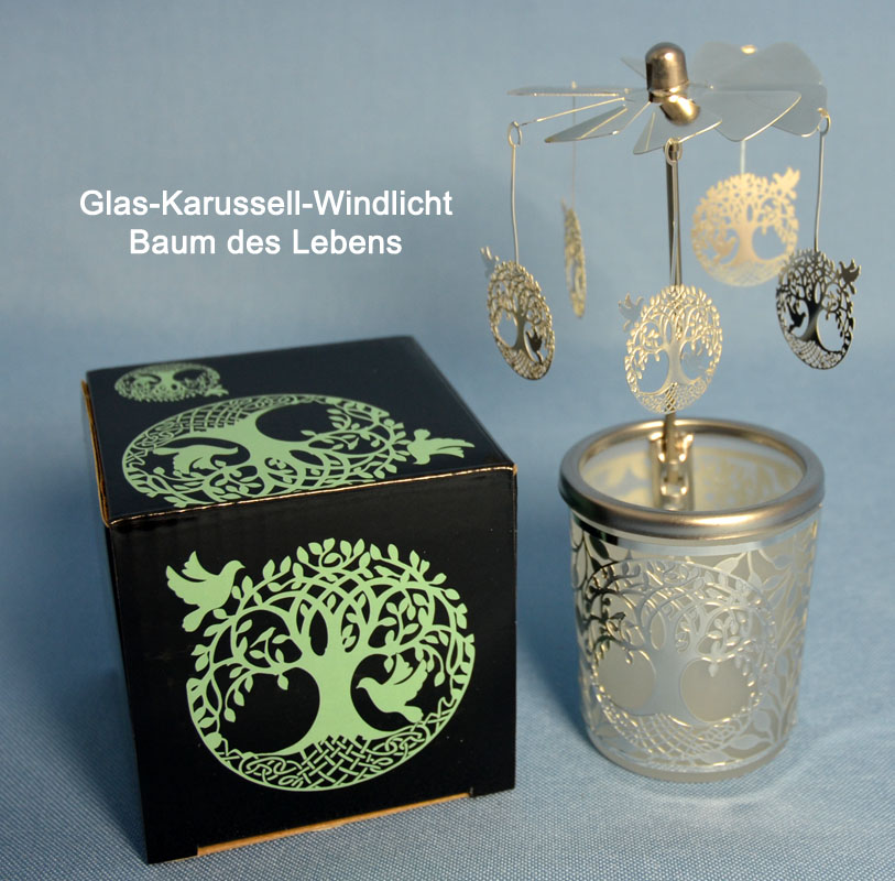 Glas-Karussell-Windlicht - Baum des Lebens silber HxD 15x6,5cm