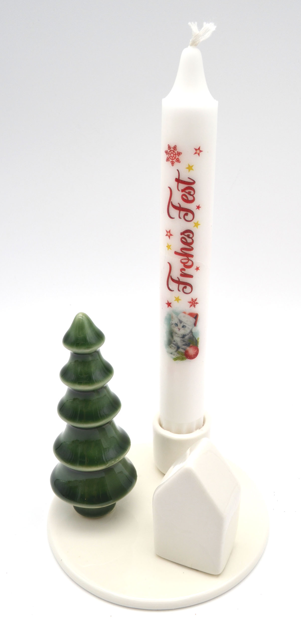 Keramik-Stabkerzenhalter mit Platte, Tannenbaum und Häuschen – weiß-grün