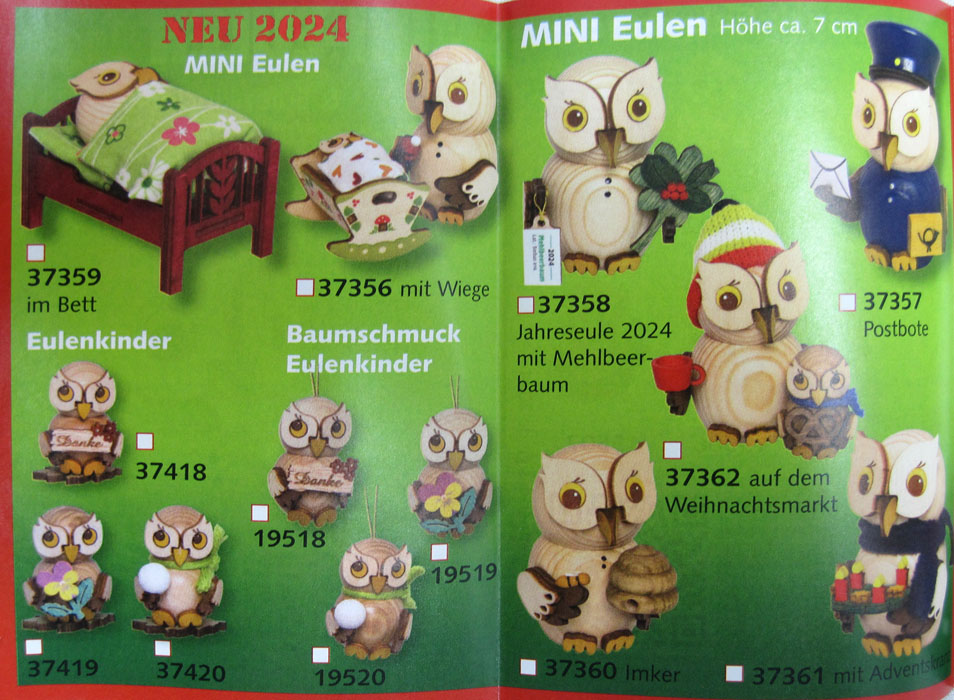 Kuhnert - Eulenkind mit Schaukelpferd zum Stellen - Holzfigur ca. 4 cm