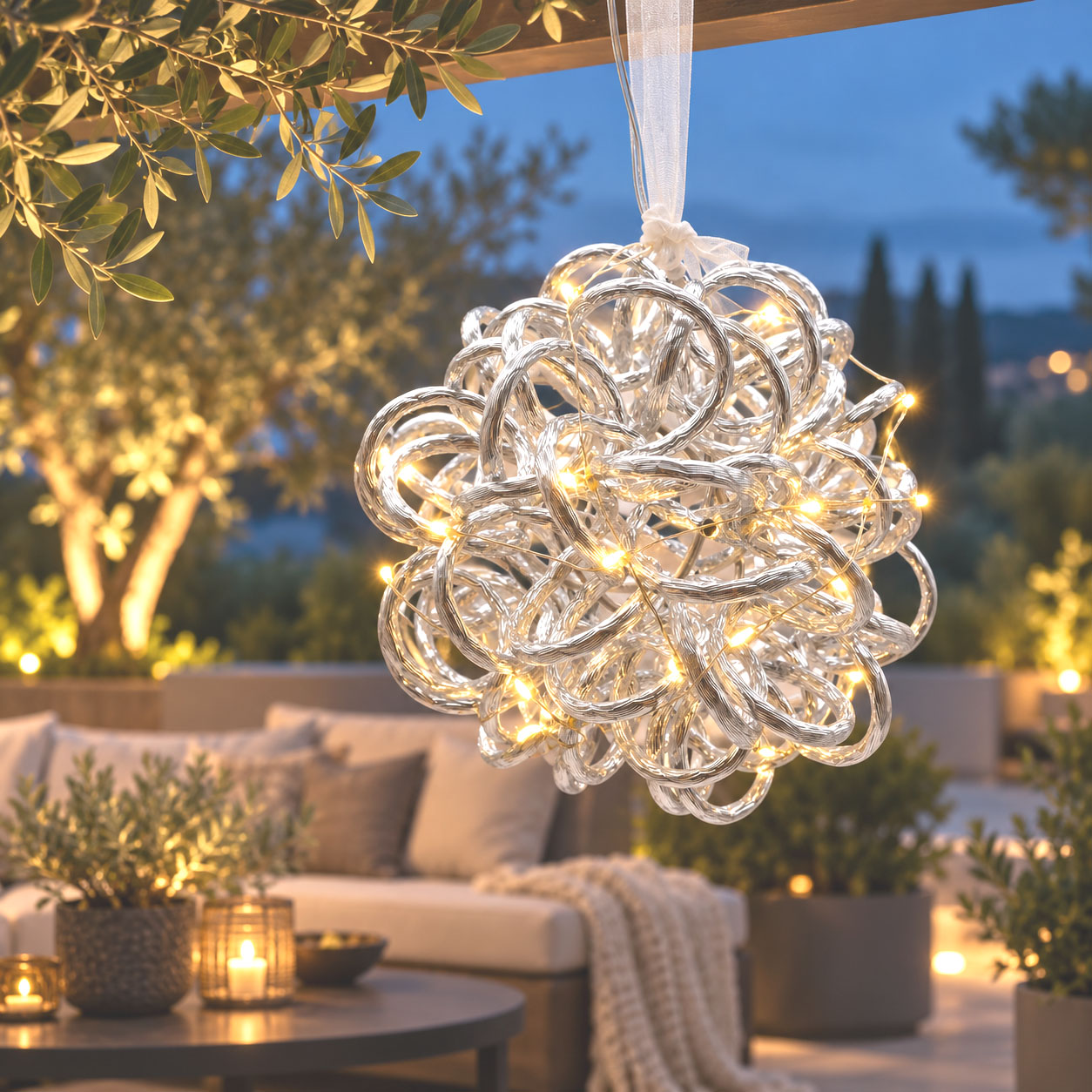 Alu-Leuchtkugel silber Ø 15 cm – 30 LEDs, Timer, für innen und außen