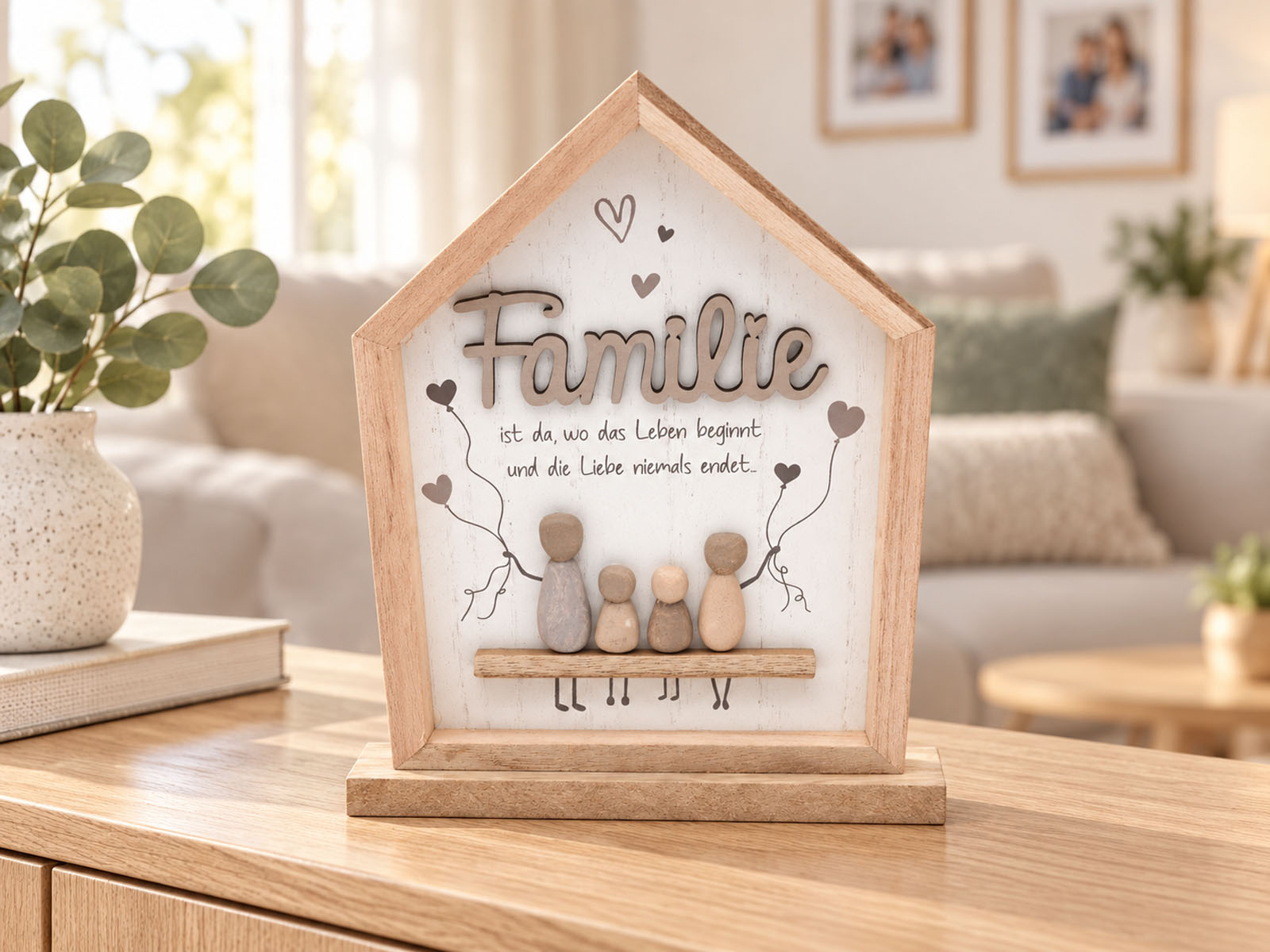 Dekohaus Familie 21 cm aus Holz mit Steinfiguren & Spruch