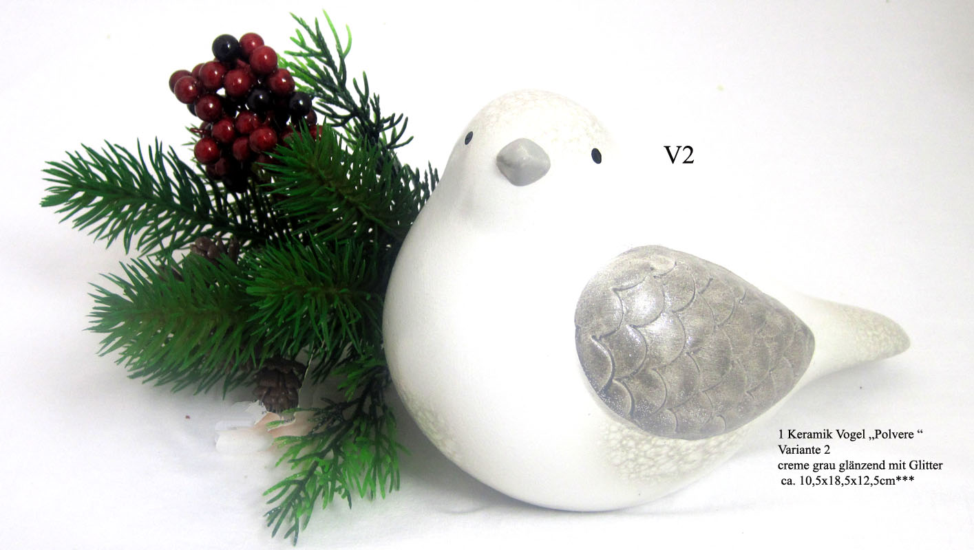 Vogel Polvere creme grau glänzend mit Glitter, sortiert ca. 10,5x18,5x12,5cm