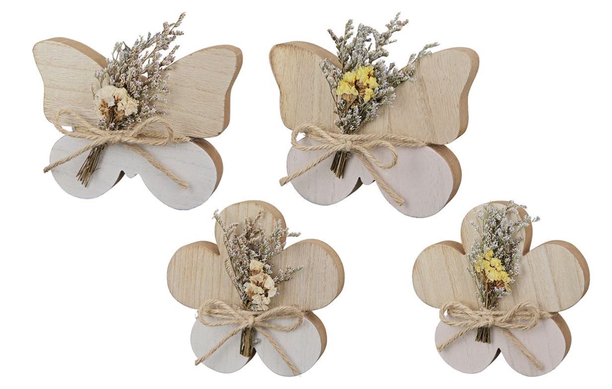 MDF-Schmetterling mit Trockenblumen natur/weiss/rosé 14x11x2 (BxHxT)