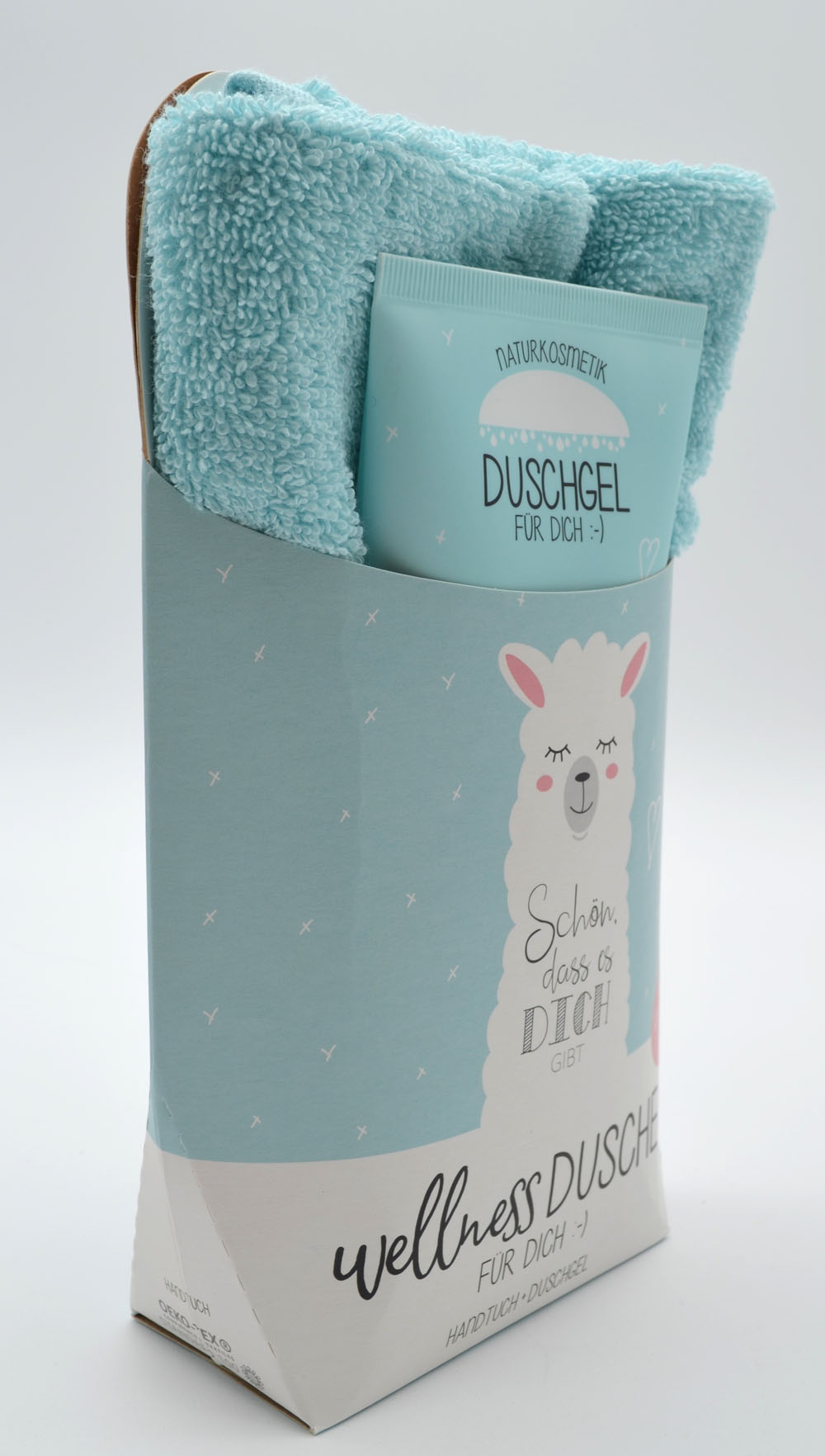 Wellness-Dusche für Dich Handtuch und Duschgel Lama
