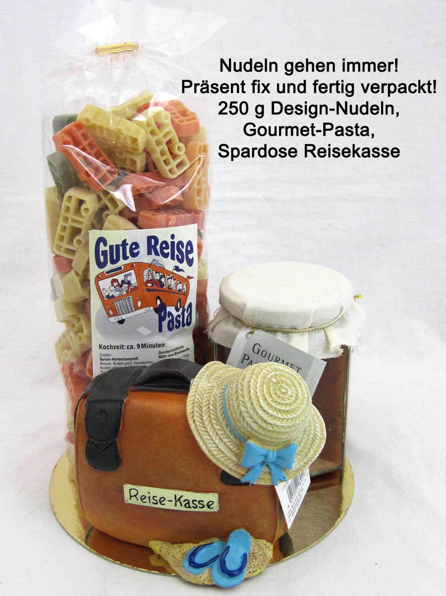 reisenudeln_mit_spardose Gute-Reise-Pasta mit Gourmet-Soße und Spardose Koffer