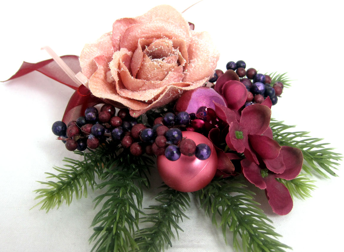 Weihnachtliche Tischdekoration Rose beglimmert, bordeaux grün ca. 20 cm