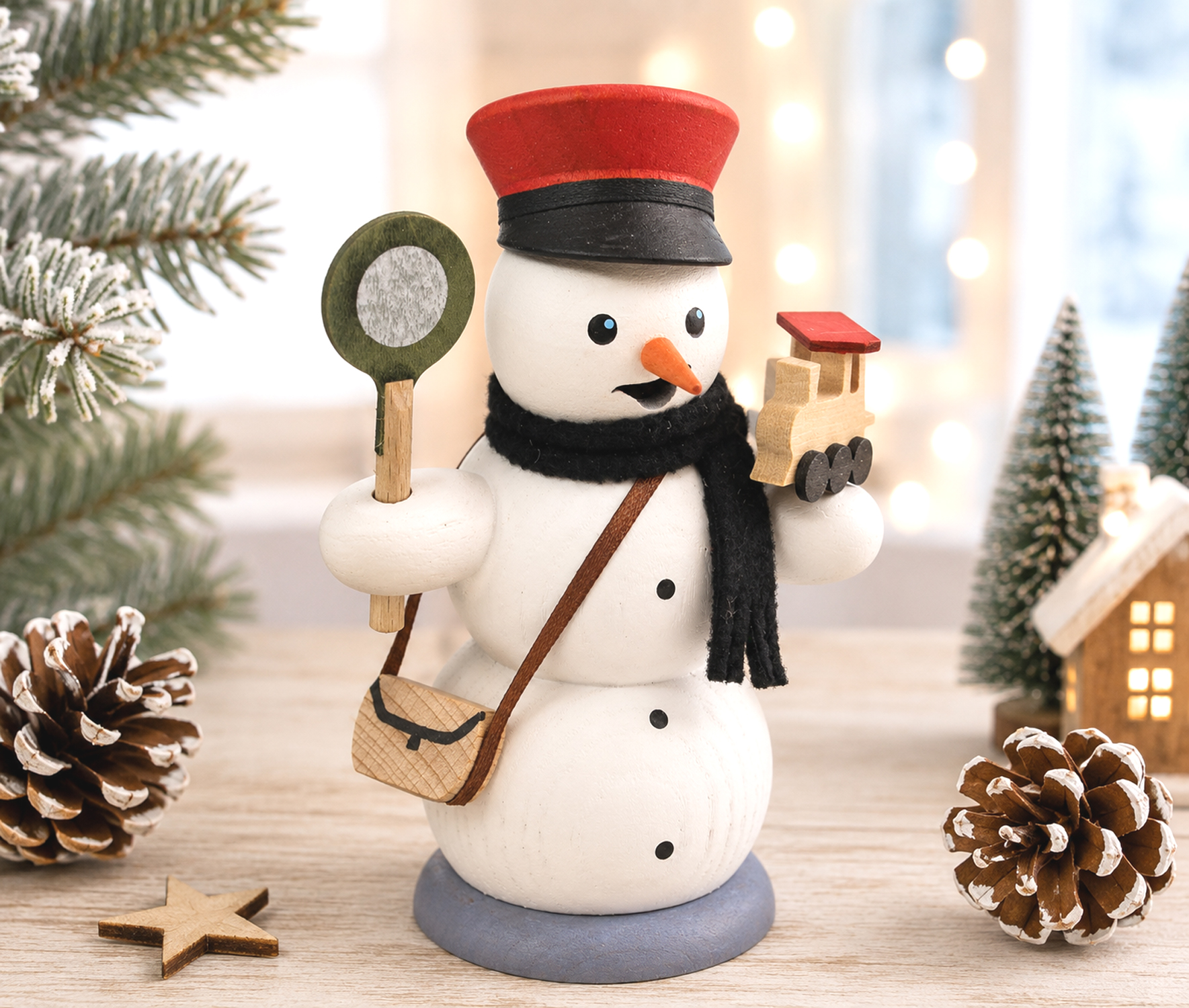 Rauchfigur Schneemann Eisenbahner Holz bunt ca.13 cm
