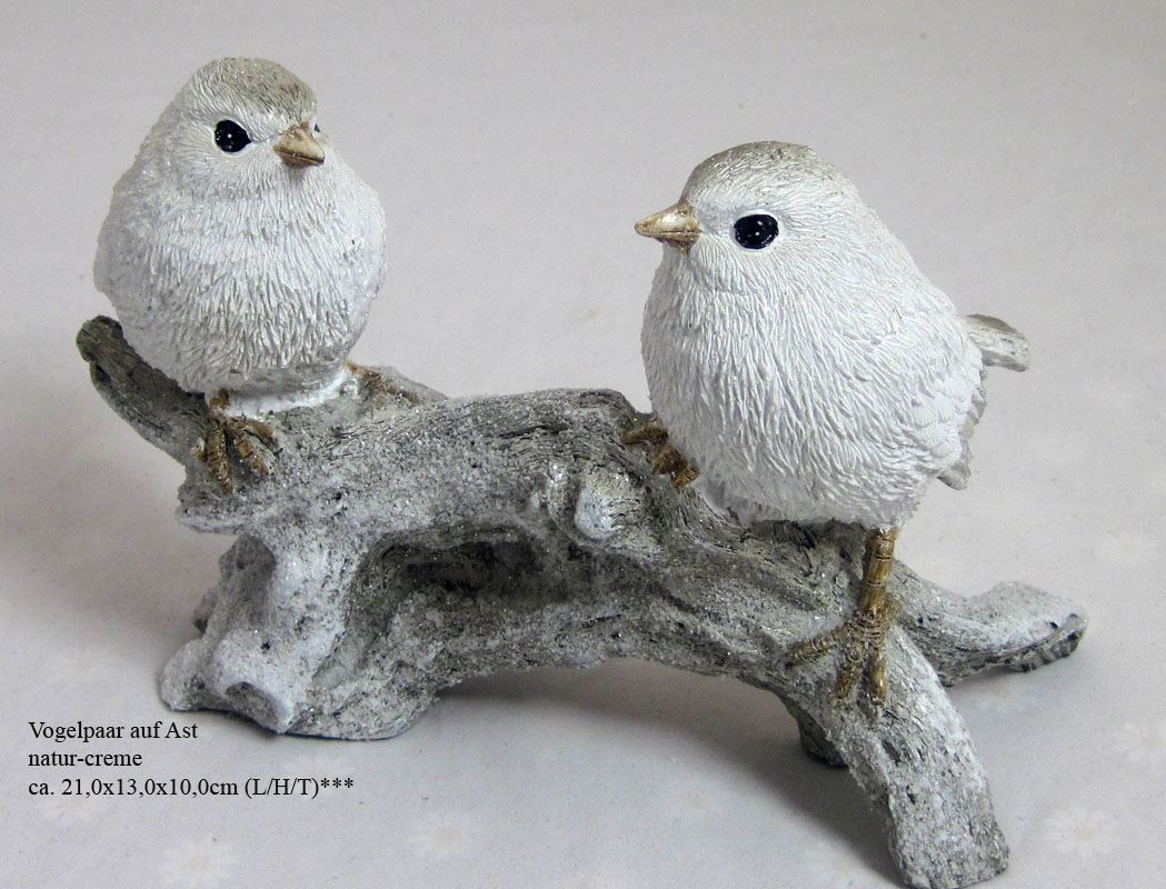 Vogelpaar auf Ast natur-creme Glitzereffekt ca.21x13x10 cm (L/H/T)