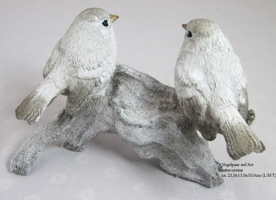Vogelpaar auf Ast natur-creme Glitzereffekt ca.21x13x10 cm (L/H/T)