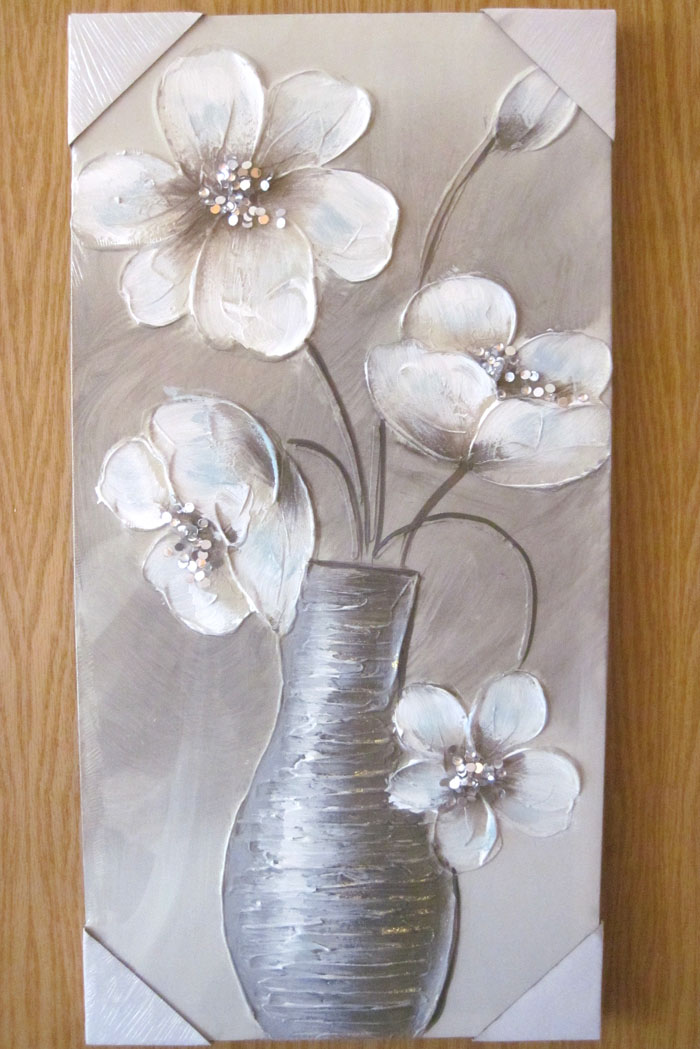 Wandbild Blume in Vase V2 grau-gold-weiß mit Glitzersteinchen 30 x 60 cm
