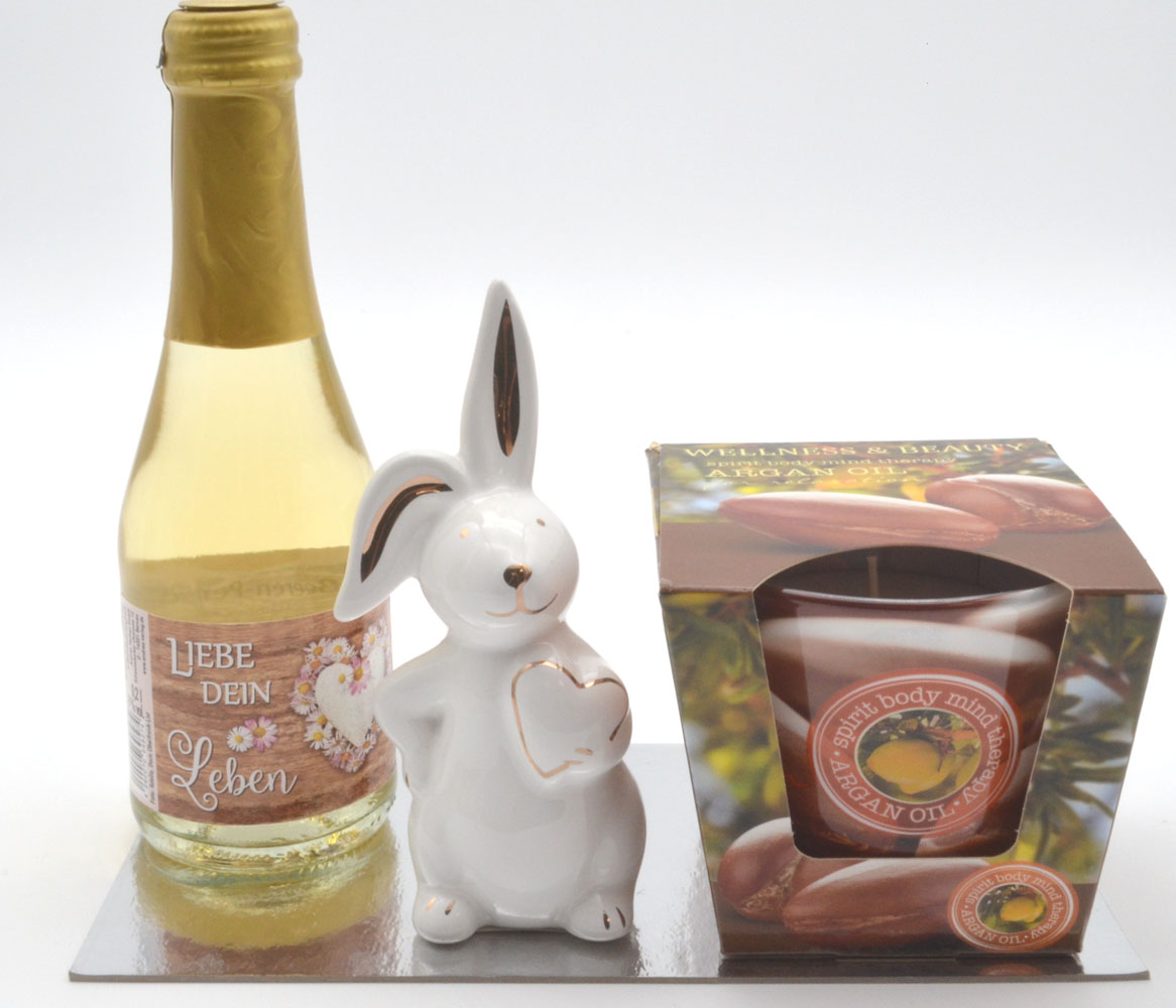 Ostergeschenk Beauty-Kerze 30 Std. Perlwein und Keramik-Hase