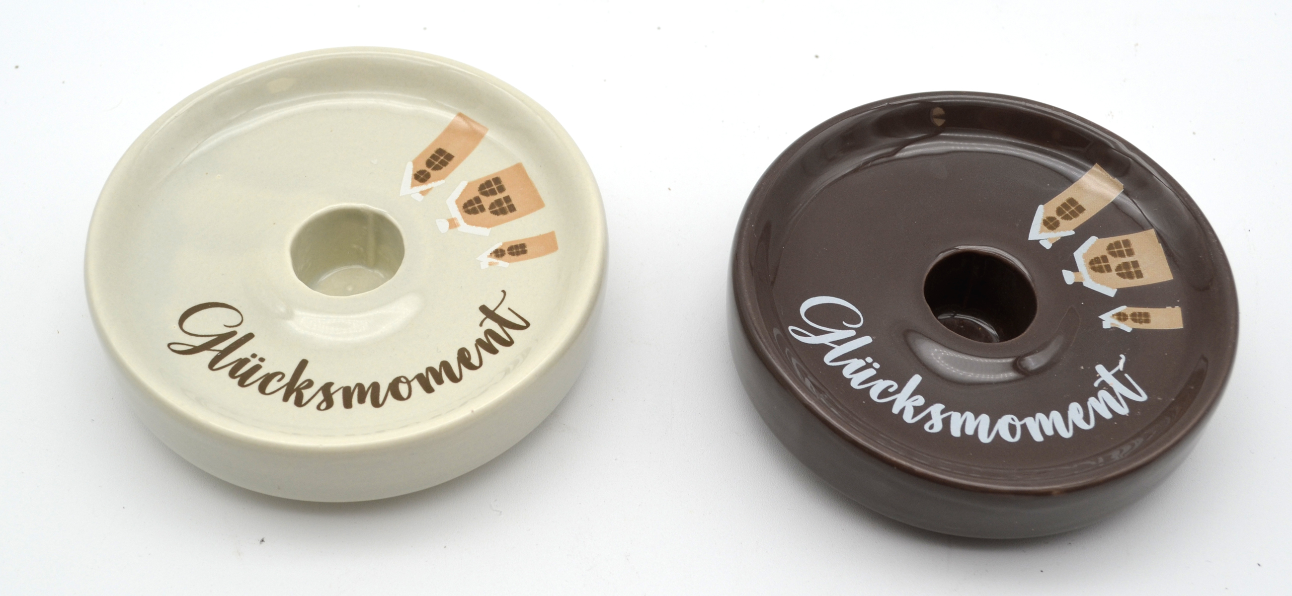 1 Kerzenleuchter rund "Glücksmoment" Schriftzug Porzellan D 10 cm weiss