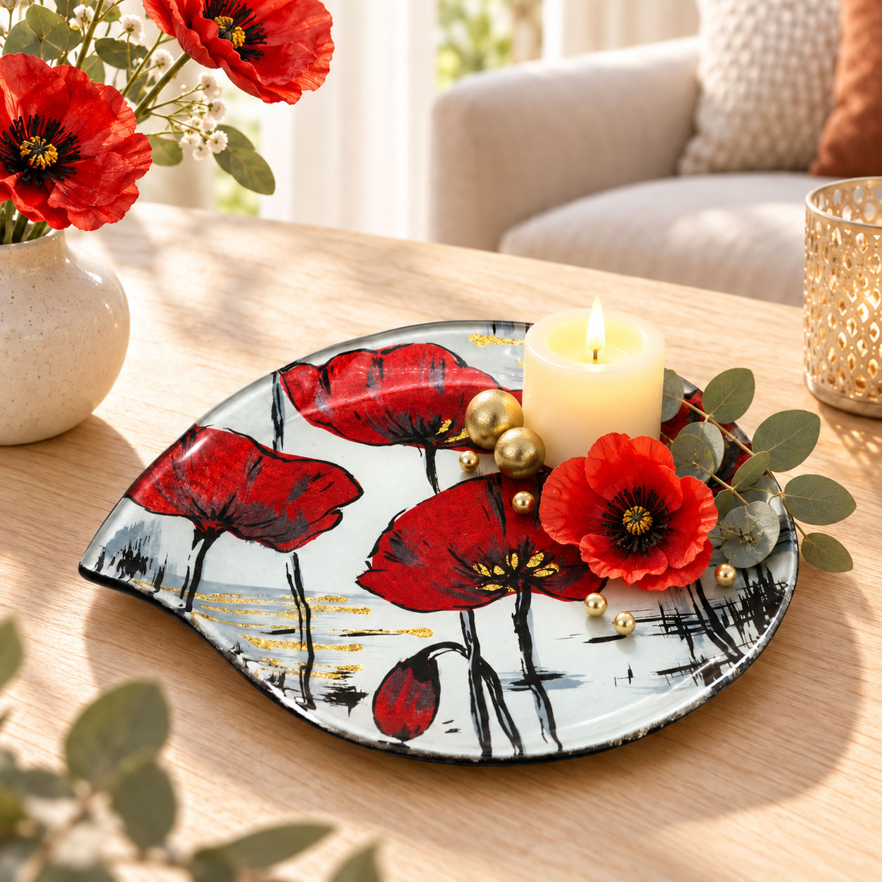 Dekorative Glasplatte Mohnblumen rund Ø 19 cm – Rot-Gold