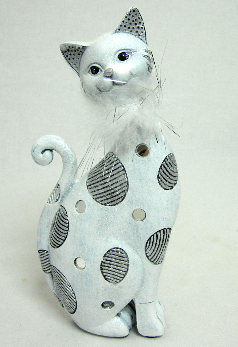 Keramik - Katze "Circles" weiß-silber mit Spiegel-Pailetten ca. 23 cm