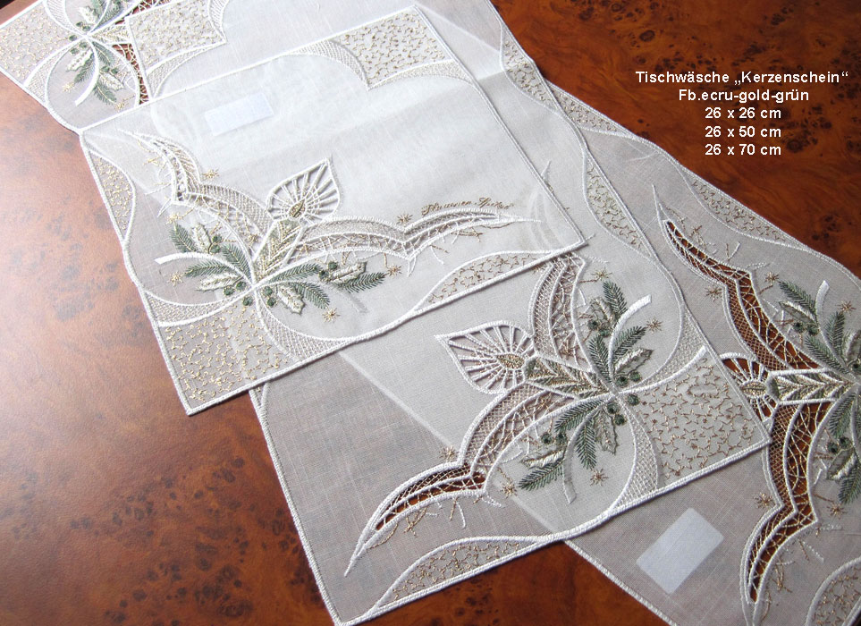 Plauener Spitze Deckchen "Kerzenschein" 60 cm rund ecrú Gold Grün