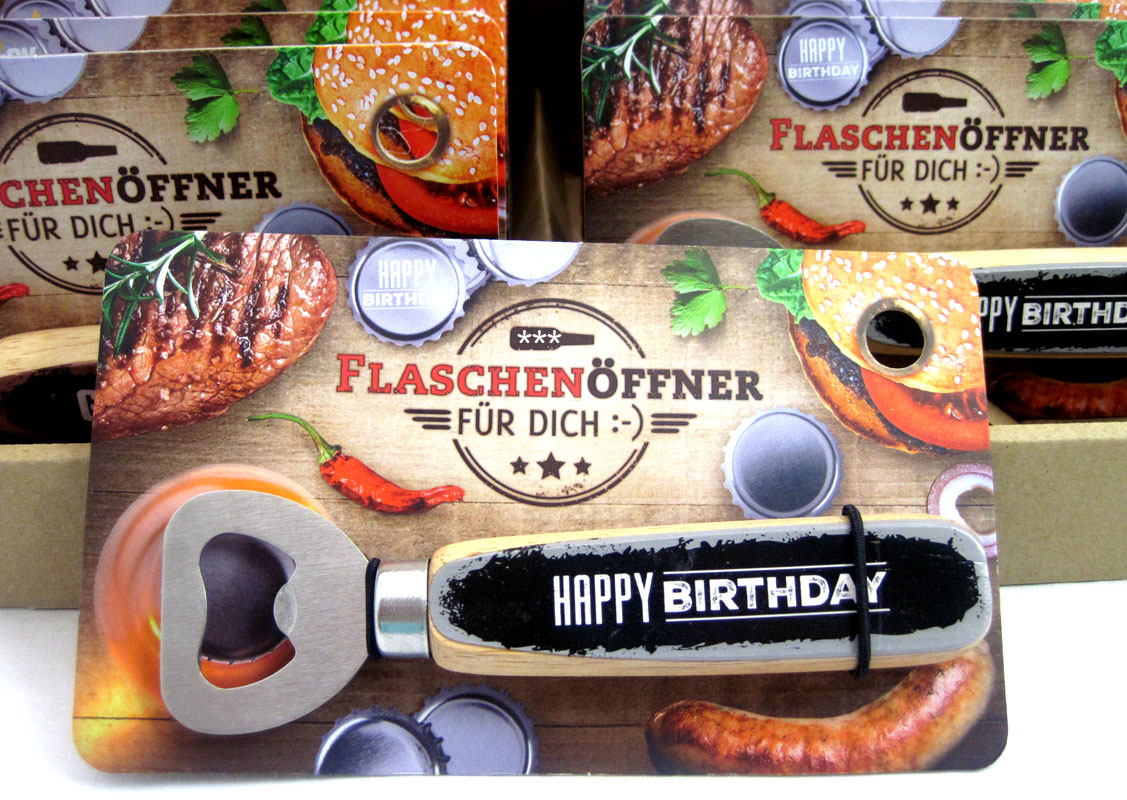 Flaschenöffner "Happy Birthday" mit Eichenholzgriff