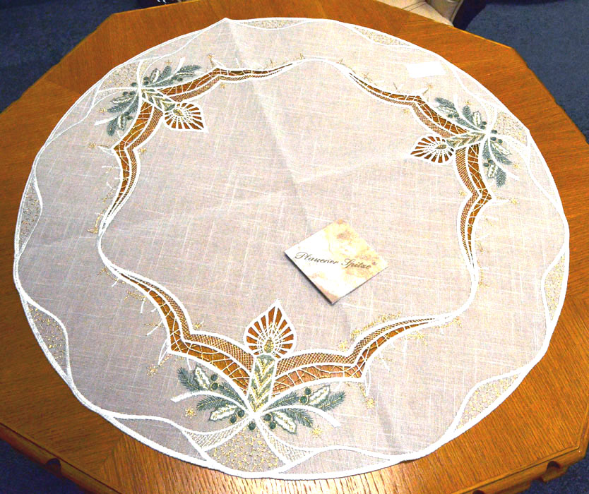 Plauener Spitze Deckchen "Kerzenschein" 60 cm rund ecrú Gold Grün